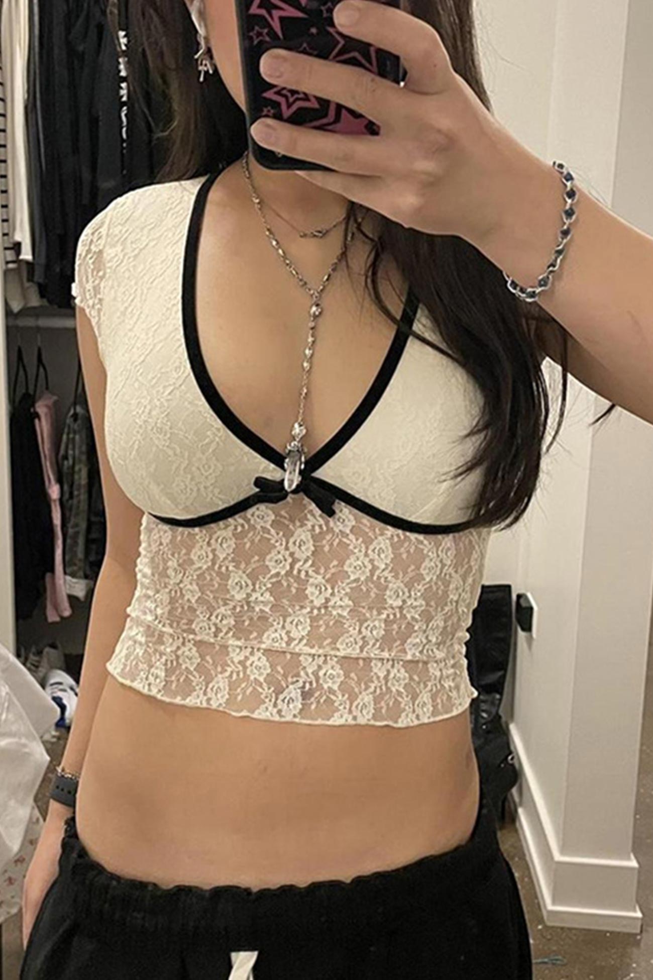 Lace Splicing Bow Crop Top