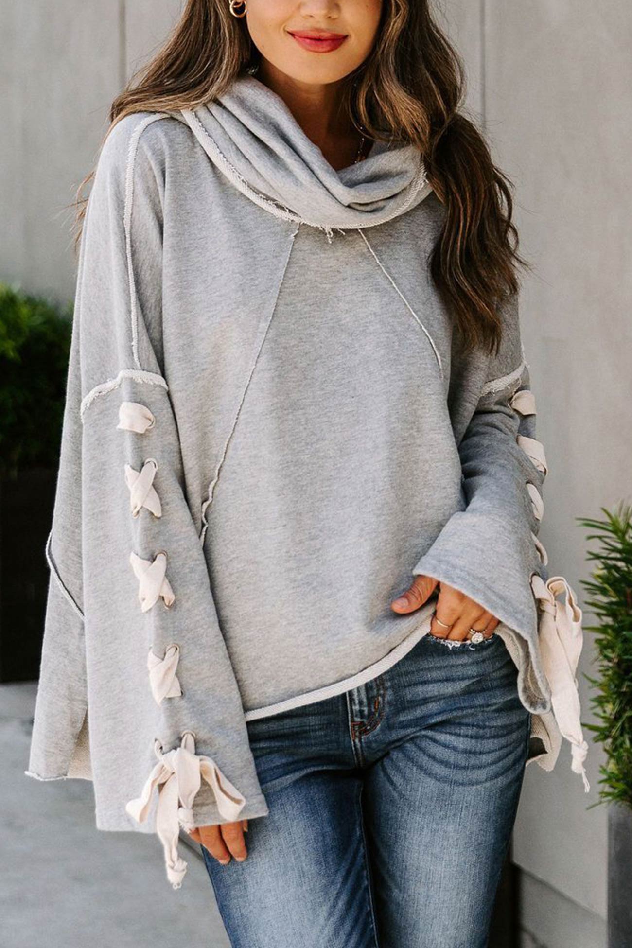 Lace-up Stacked Collar Raw Edge Hoodie