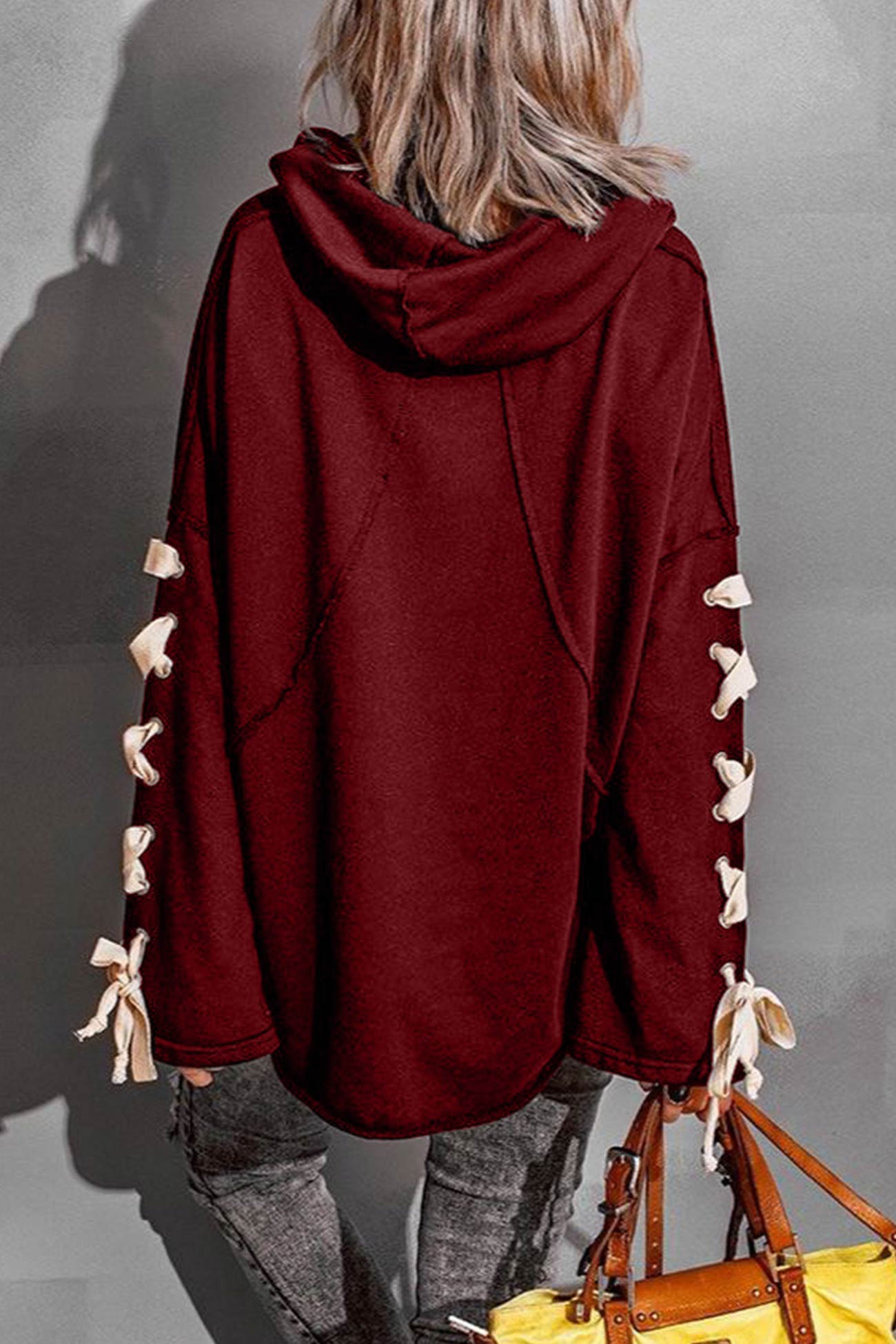 Lace-up Stacked Collar Raw Edge Hoodie