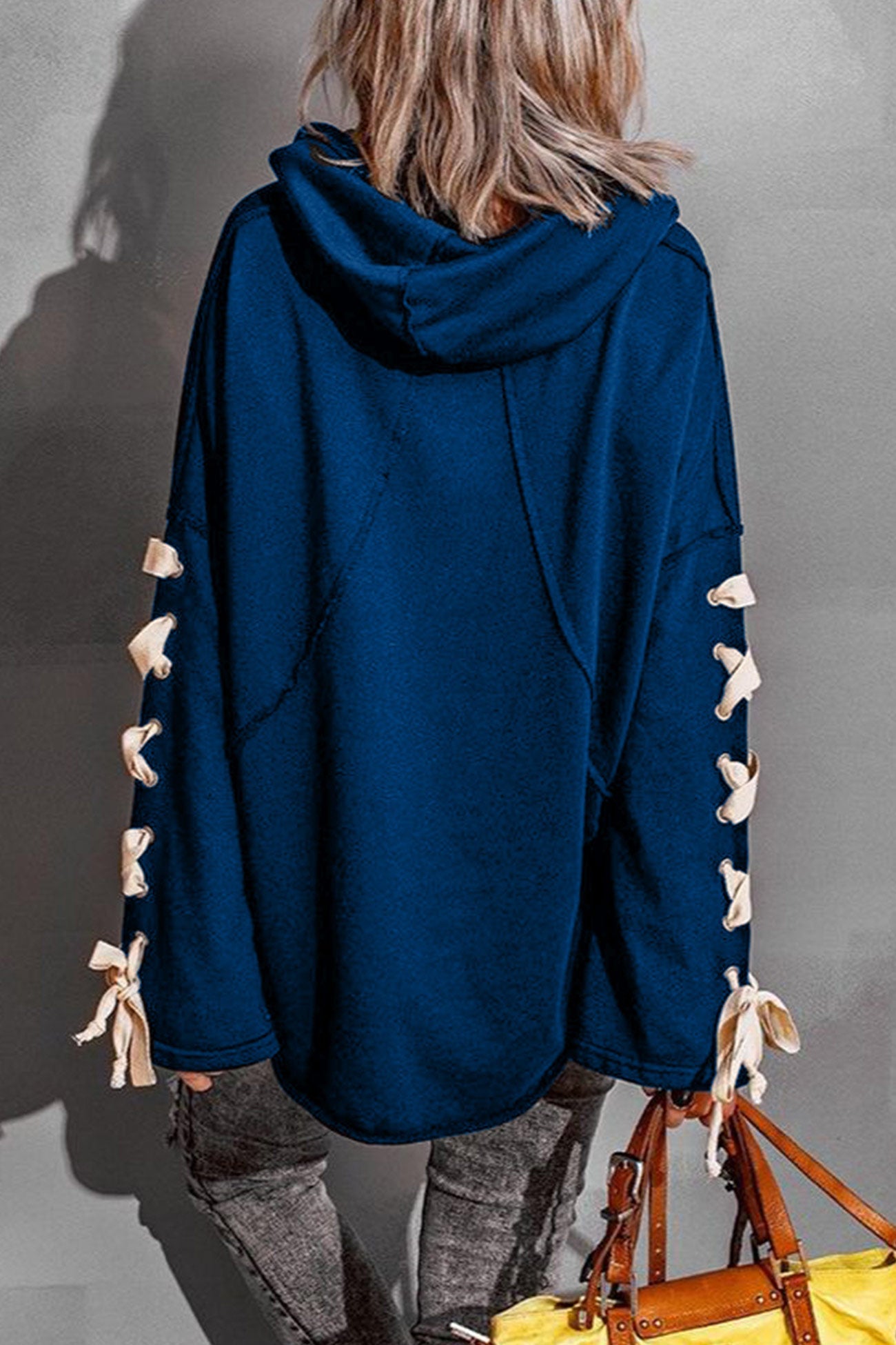 Lace-up Stacked Collar Raw Edge Hoodie