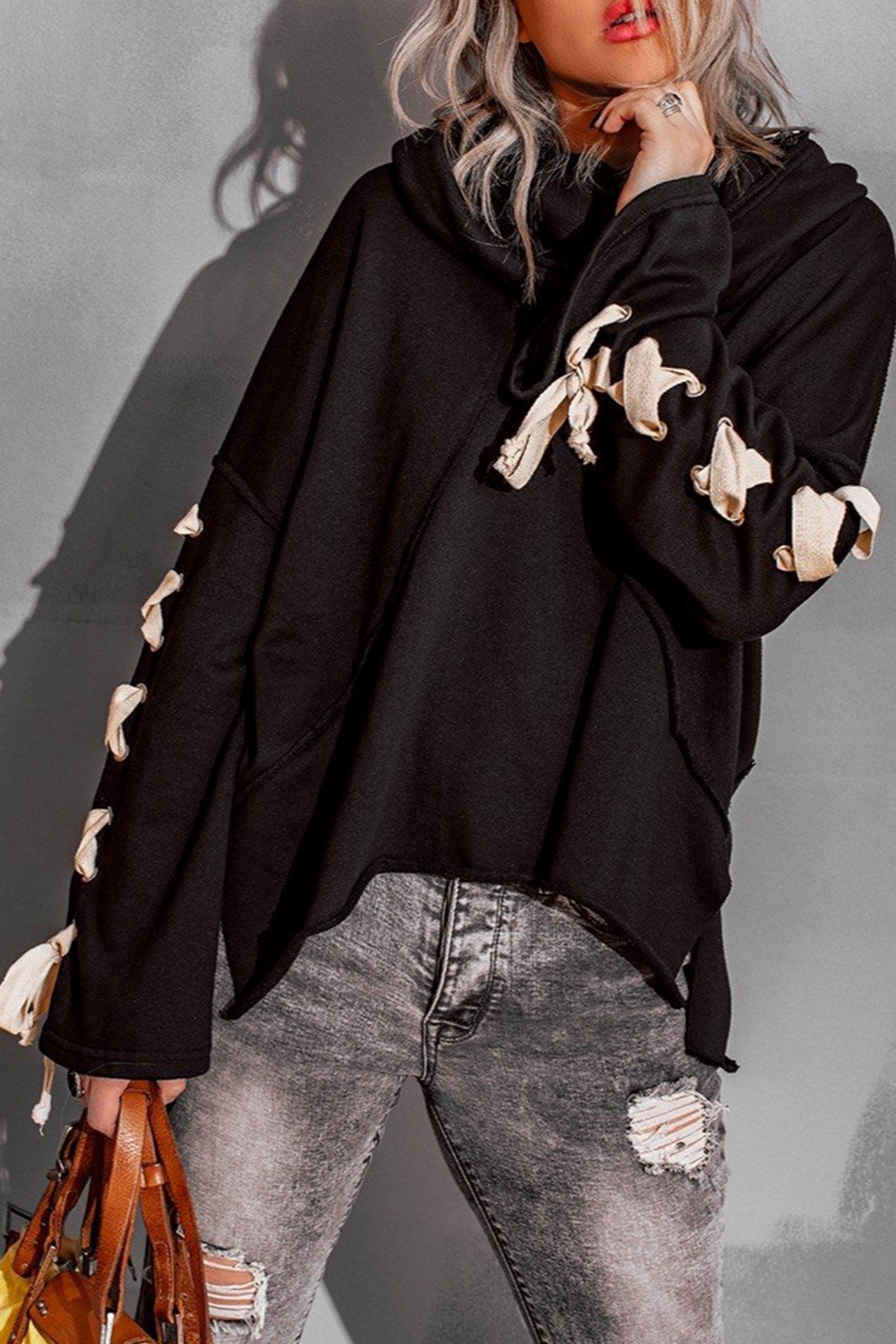 Lace-up Stacked Collar Raw Edge Hoodie