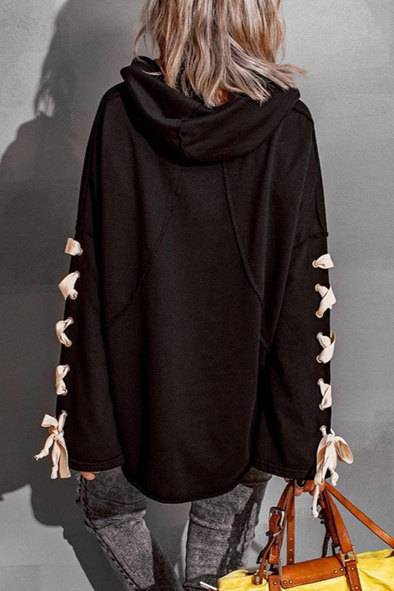 Lace-up Stacked Collar Raw Edge Hoodie