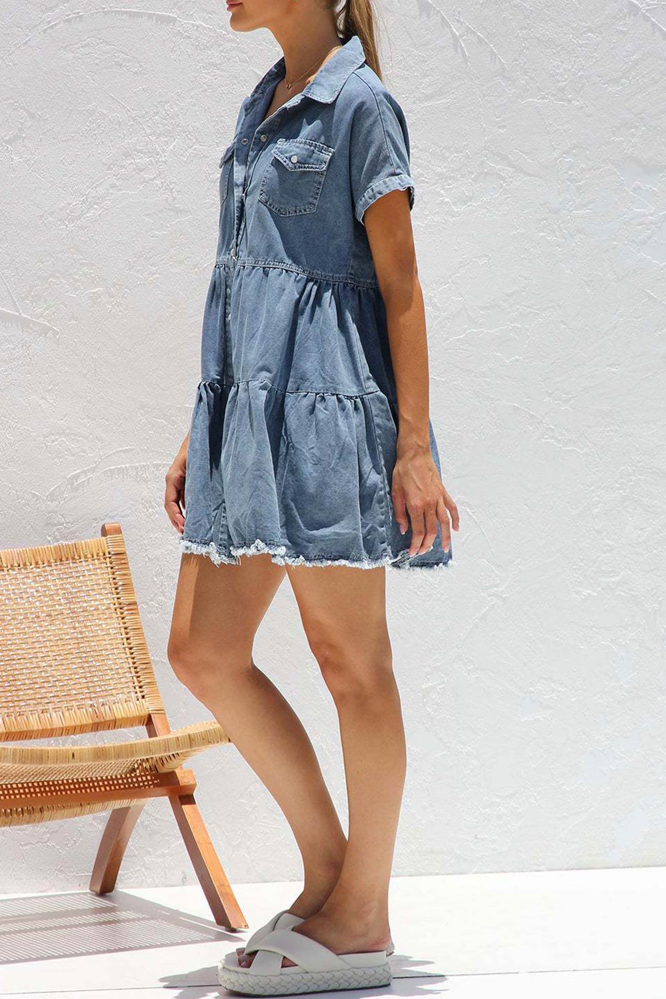 Lapel Short Sleeve Denim Dress