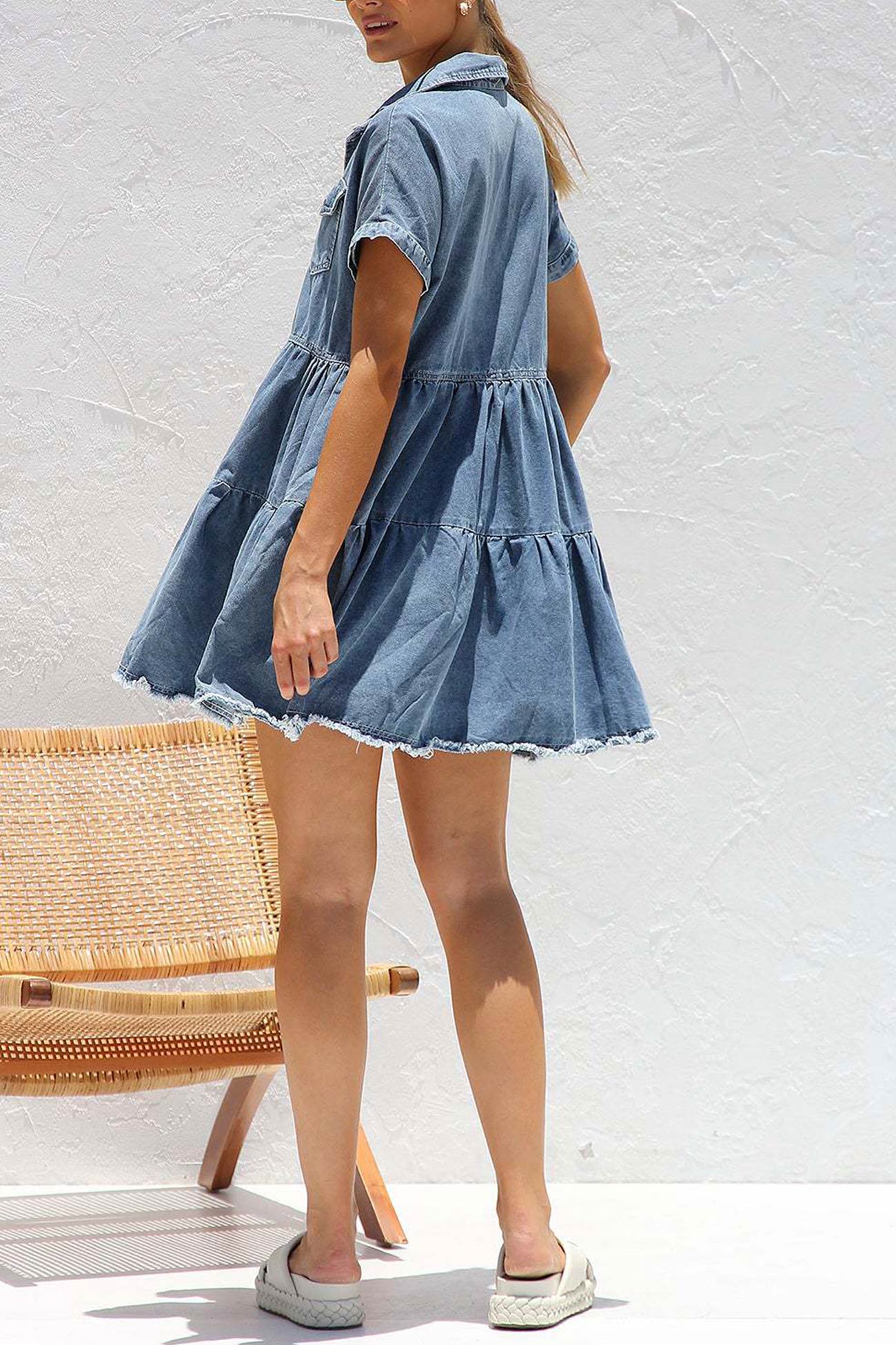 Lapel Short Sleeve Denim Dress