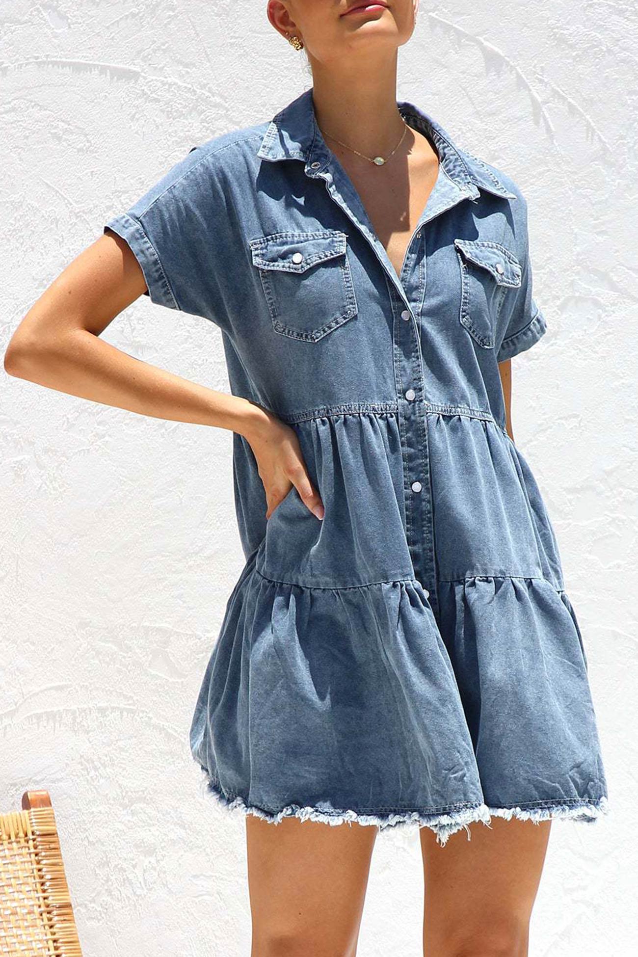 Lapel Short Sleeve Denim Dress