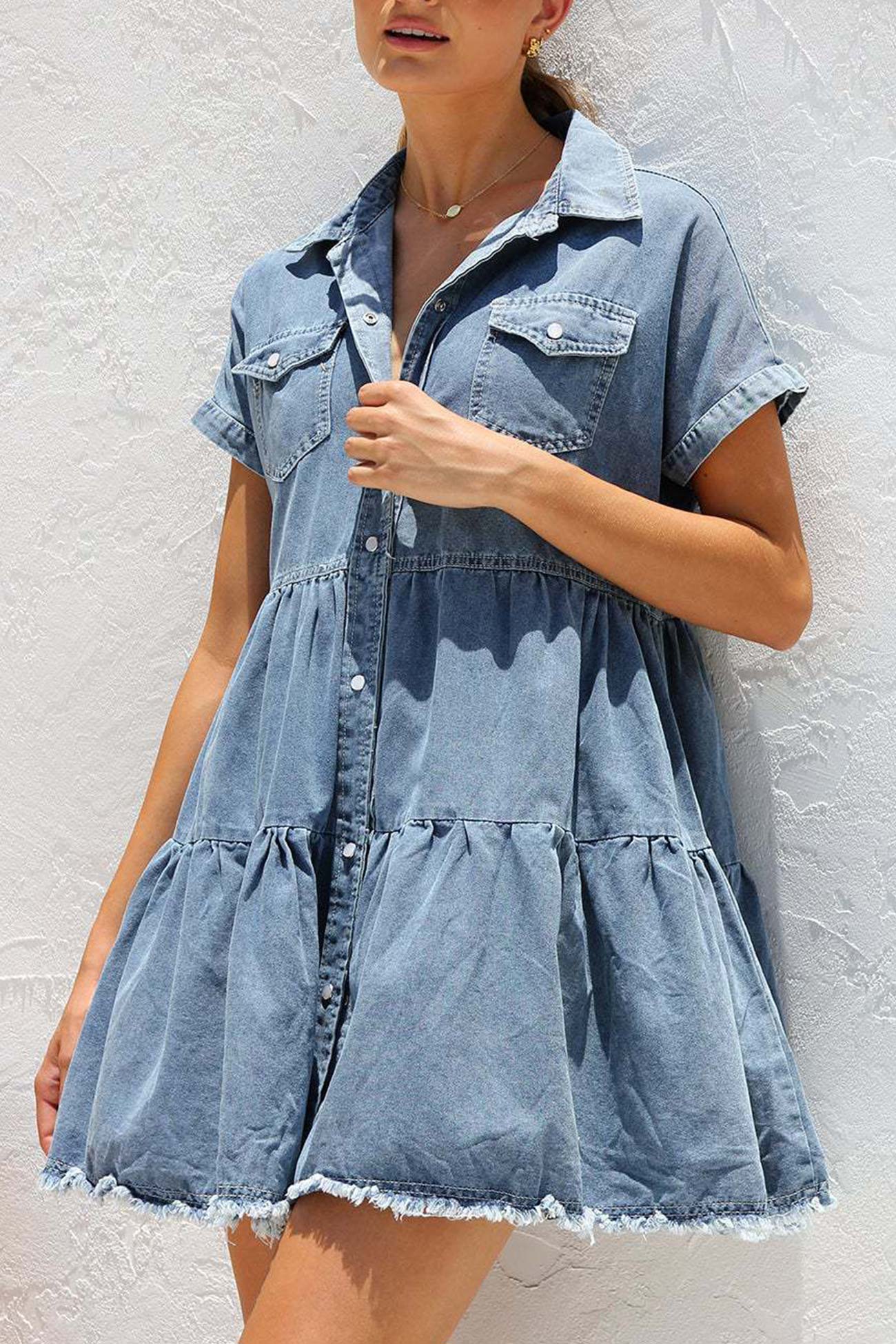 Lapel Short Sleeve Denim Dress