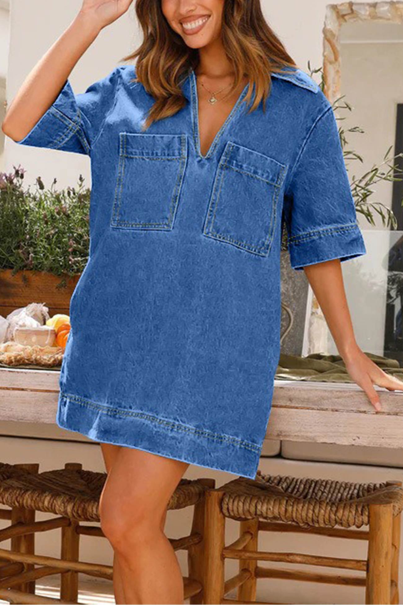 Lapel V Neck Pocketed Denim Dress