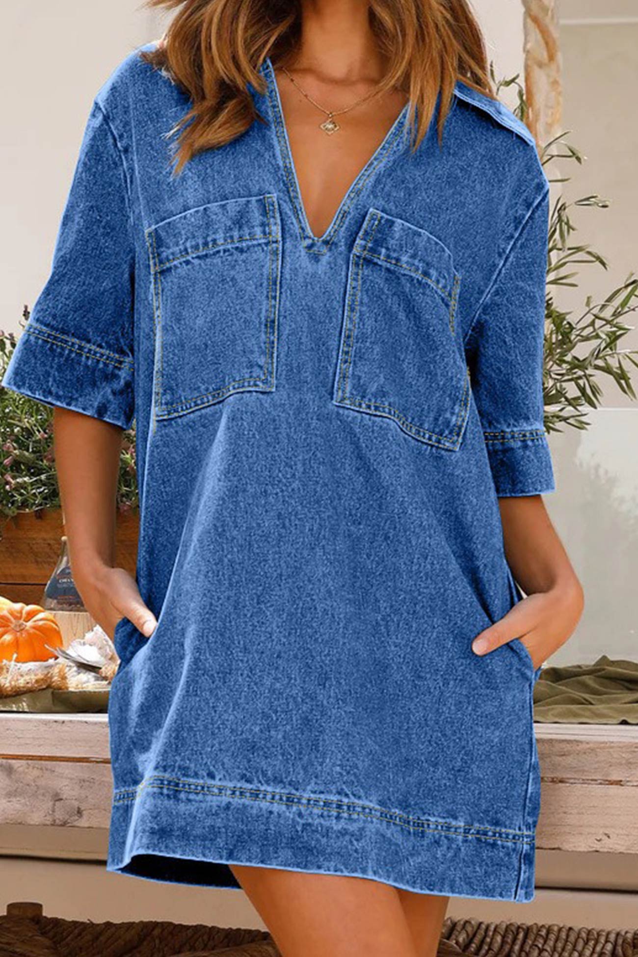 Lapel V Neck Pocketed Denim Dress