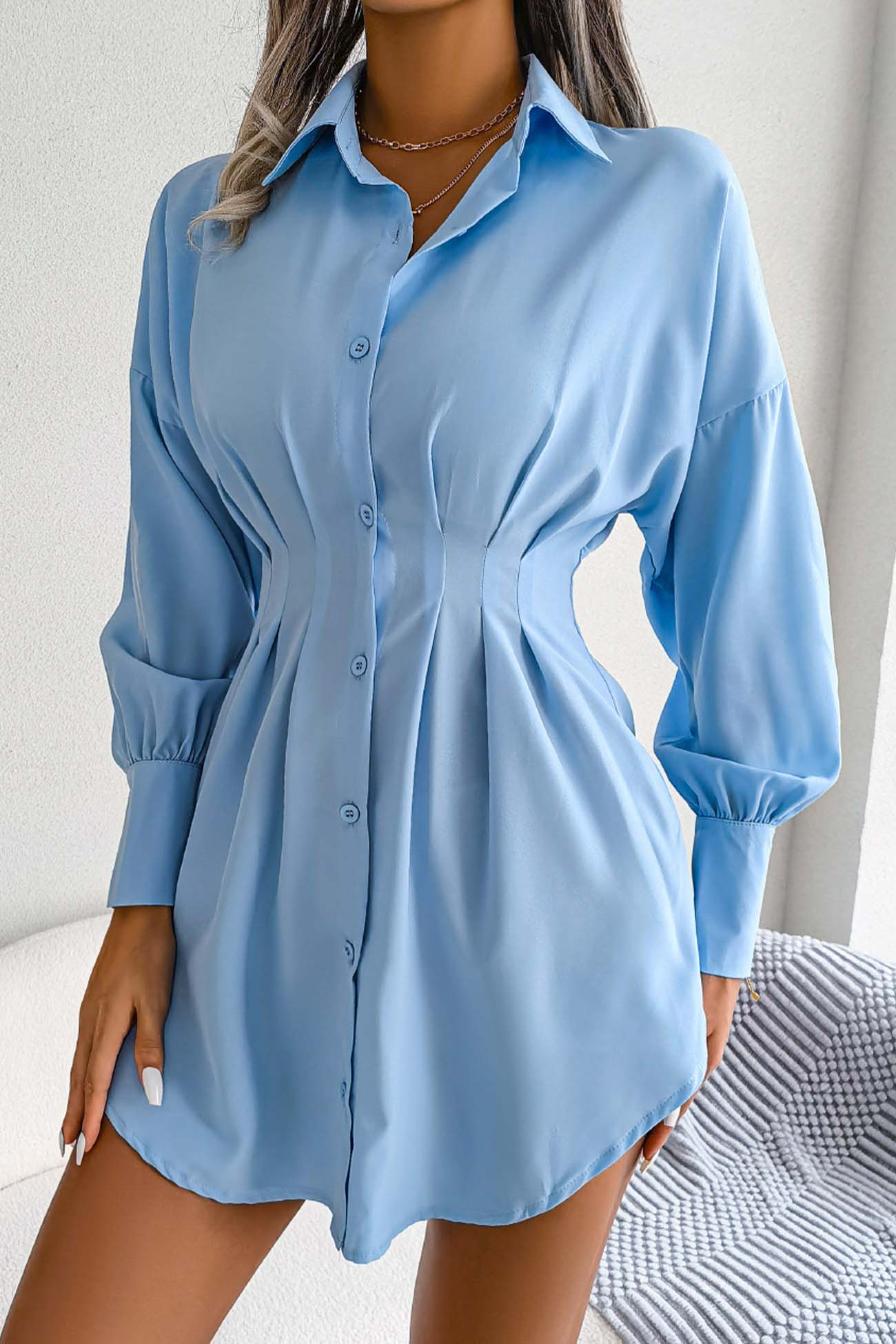 Latern Sleeve Button Pleated Shirt Dress