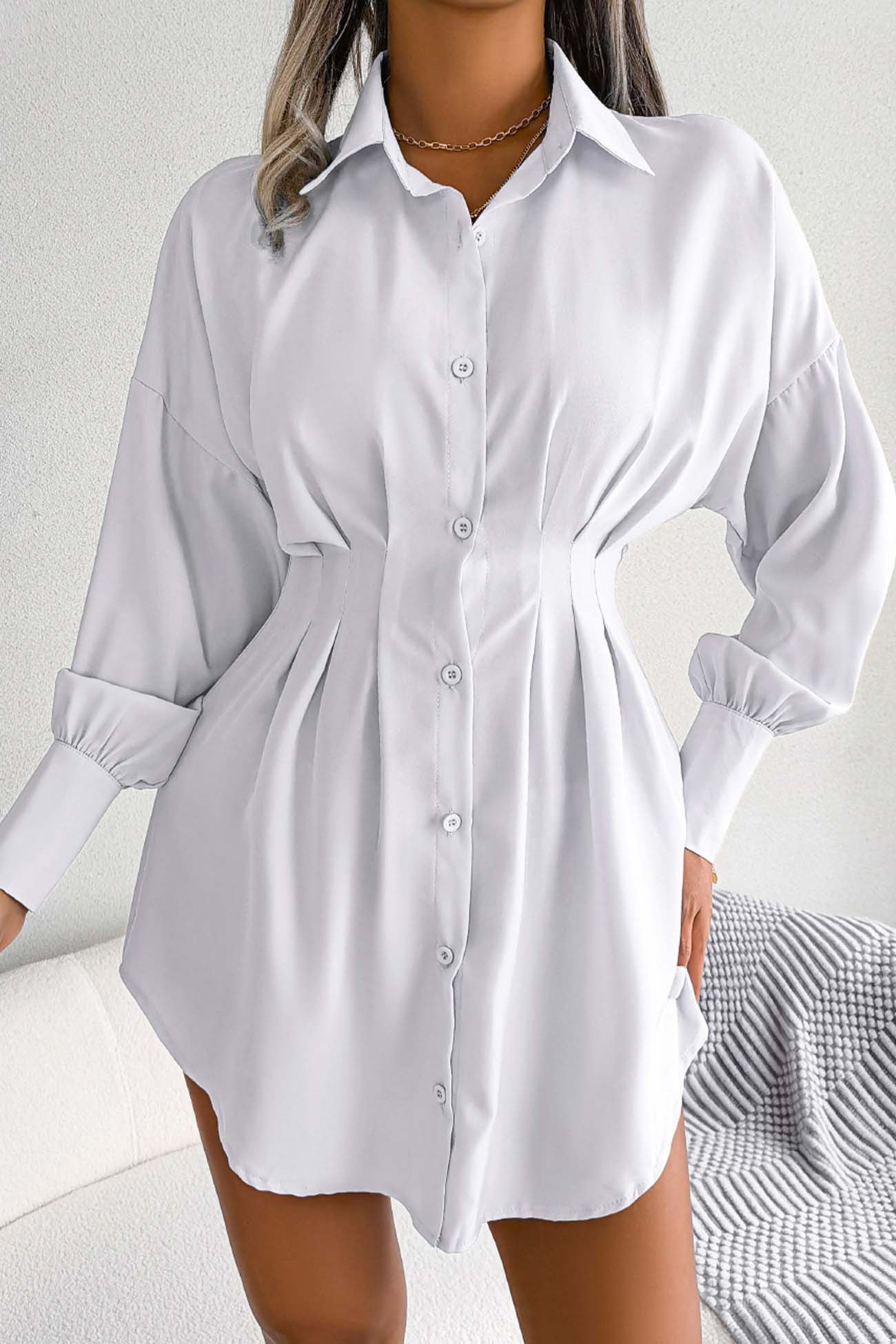 Latern Sleeve Button Pleated Shirt Dress