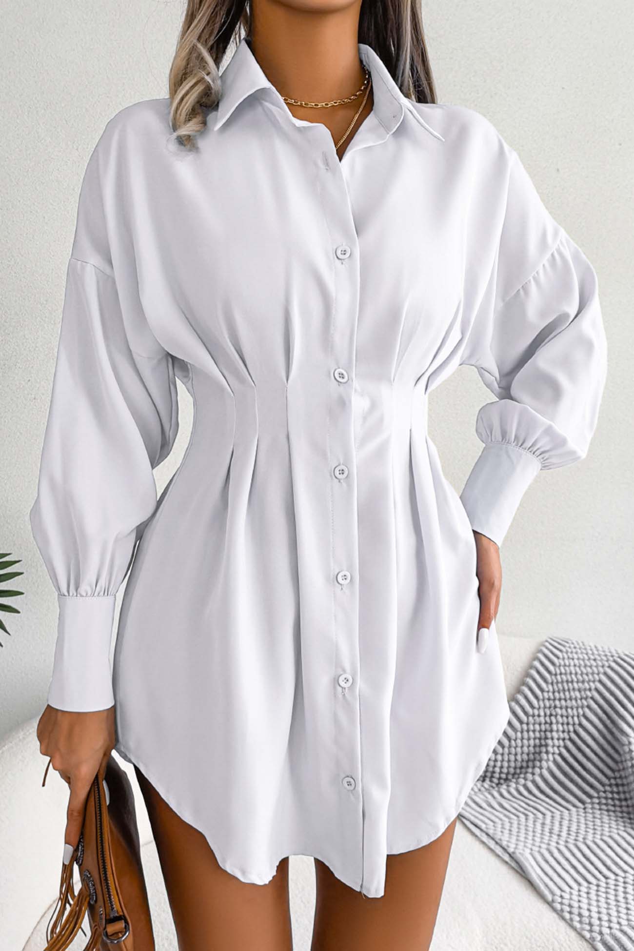 Latern Sleeve Button Pleated Shirt Dress