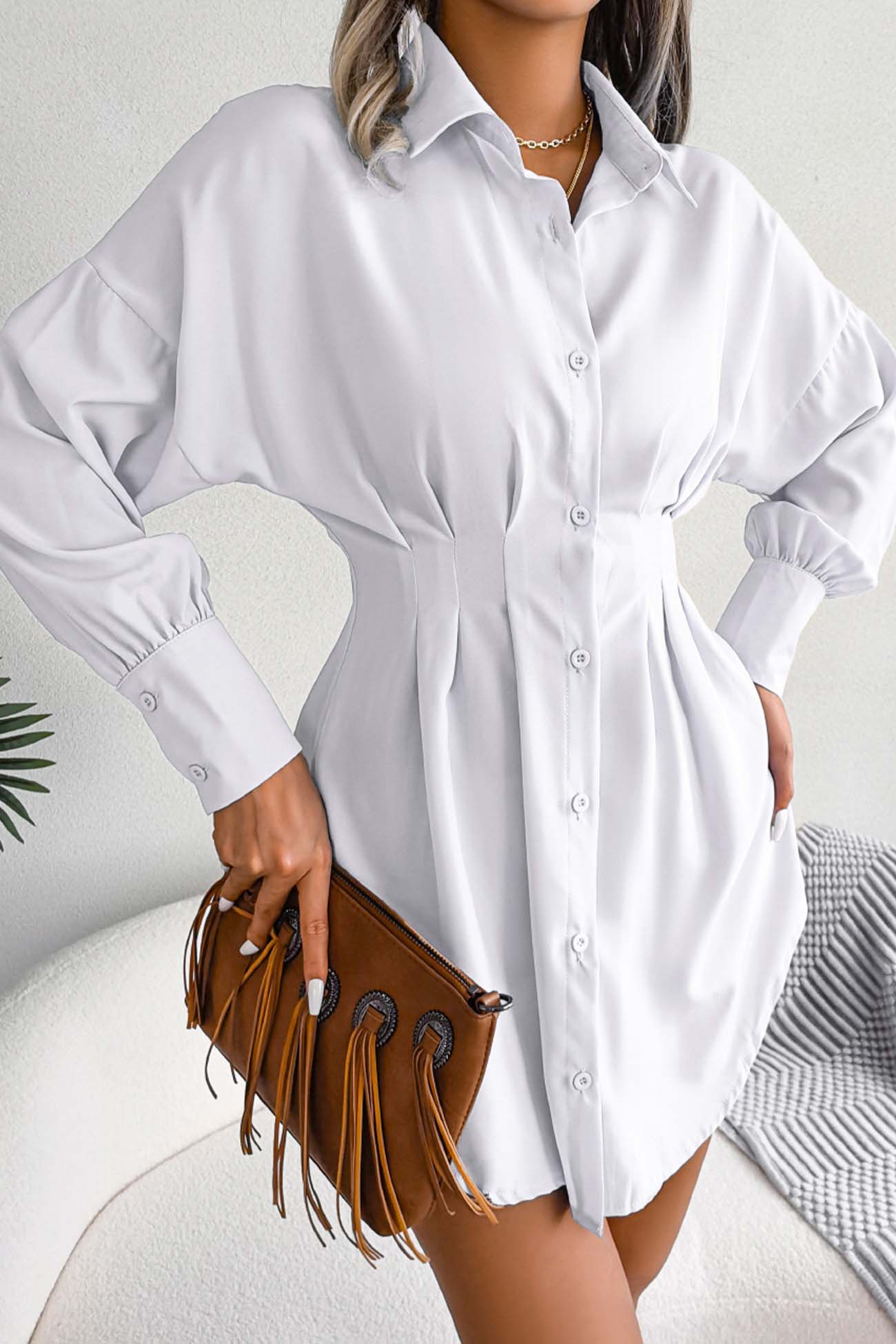 Latern Sleeve Button Pleated Shirt Dress