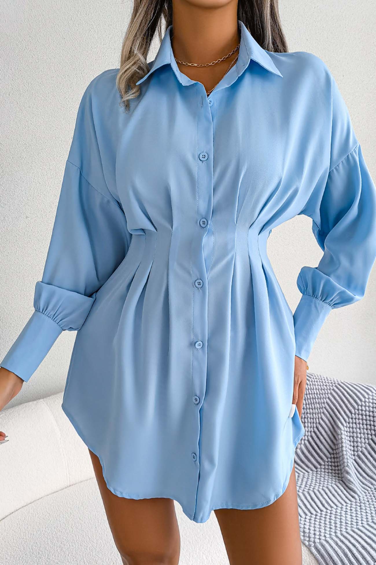 Latern Sleeve Button Pleated Shirt Dress