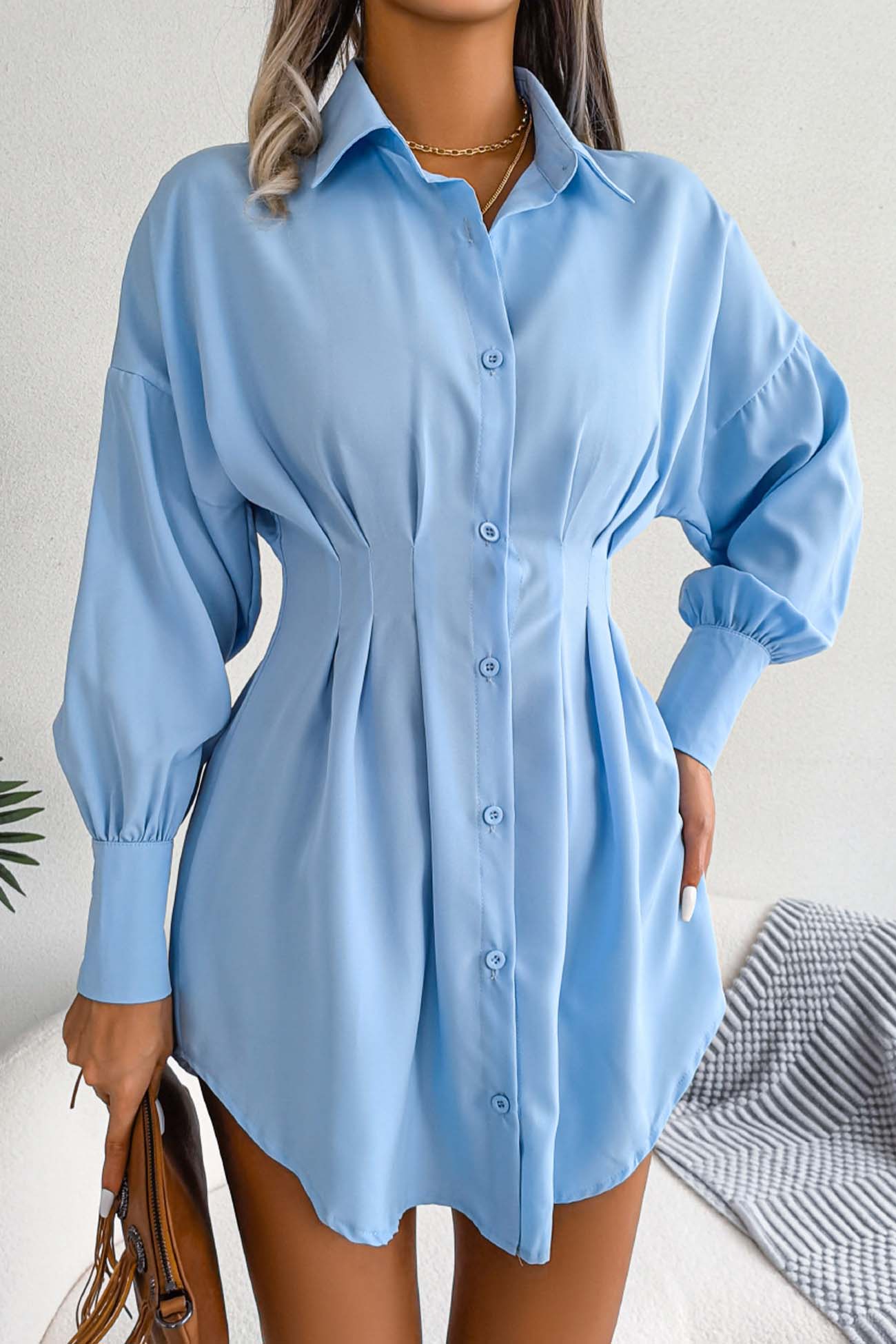 Latern Sleeve Button Pleated Shirt Dress