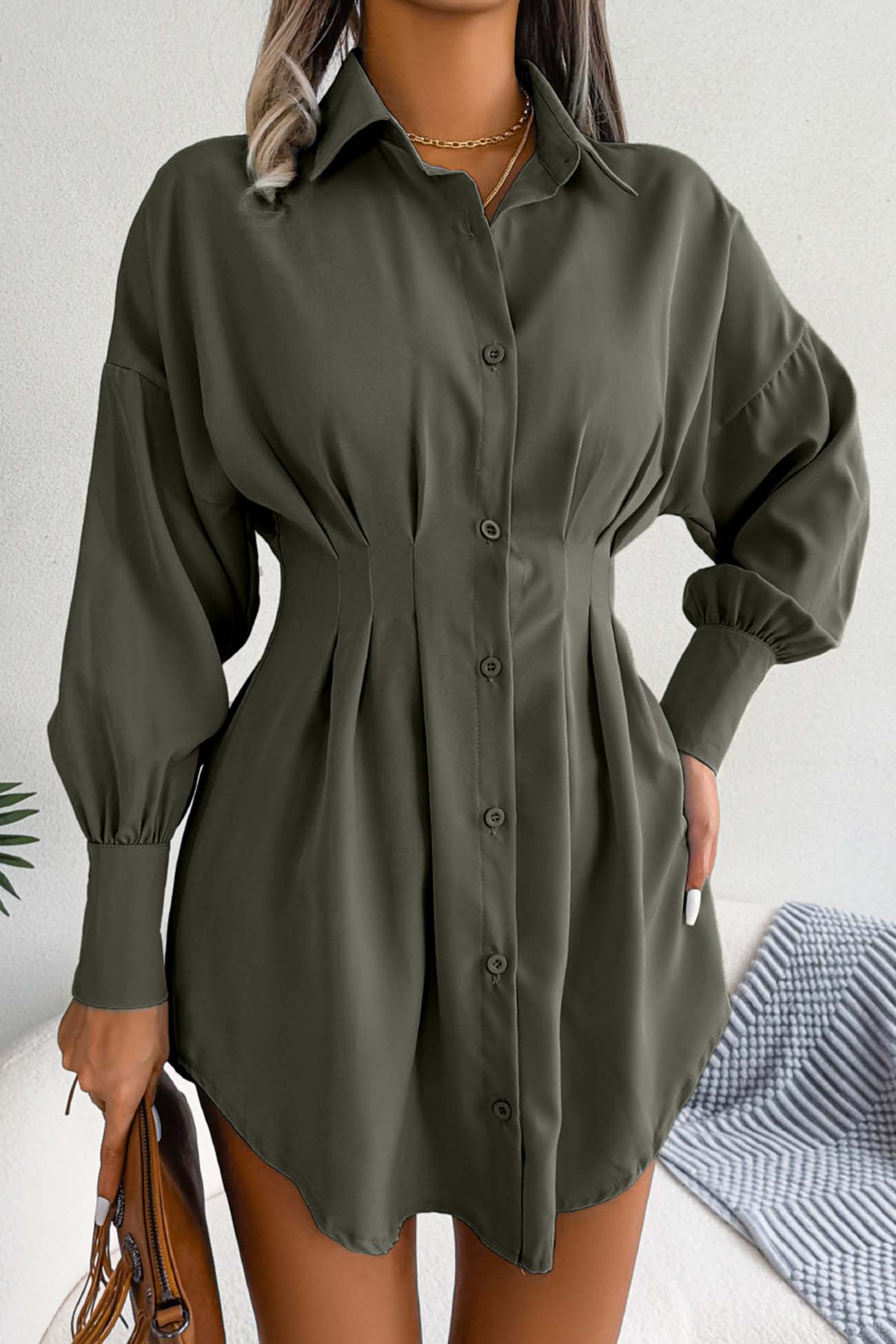 Latern Sleeve Button Pleated Shirt Dress