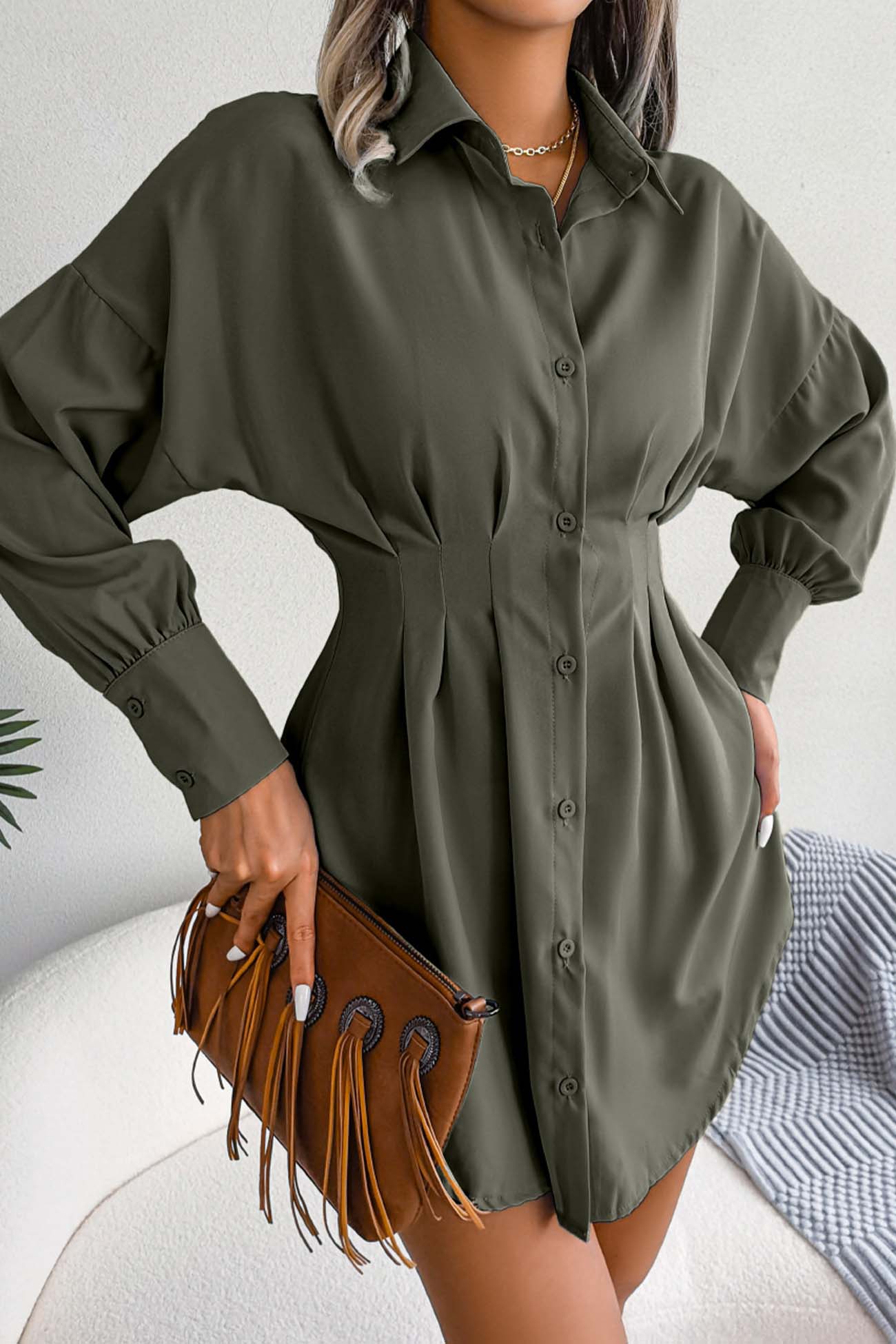 Latern Sleeve Button Pleated Shirt Dress