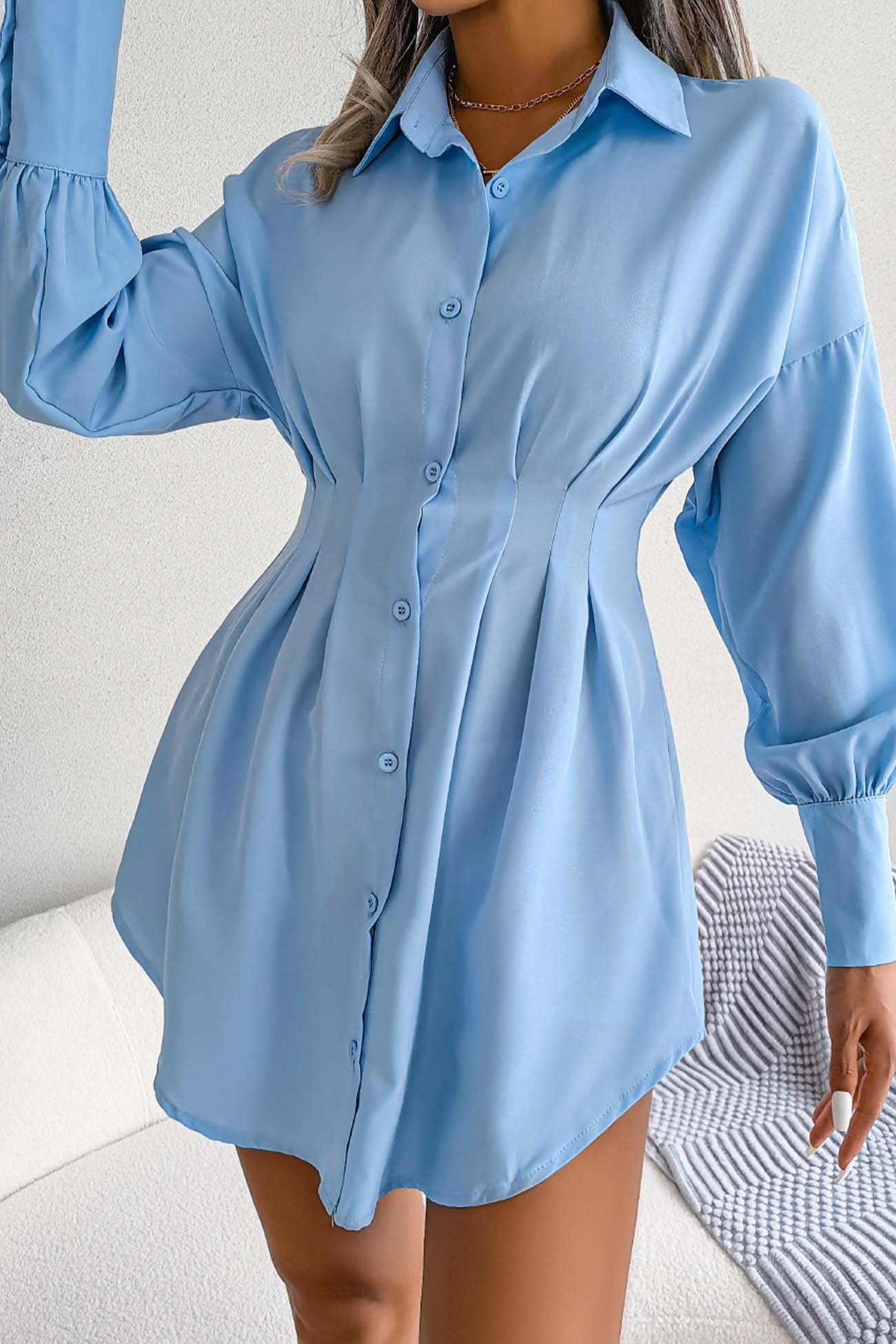 Latern Sleeve Button Pleated Shirt Dress