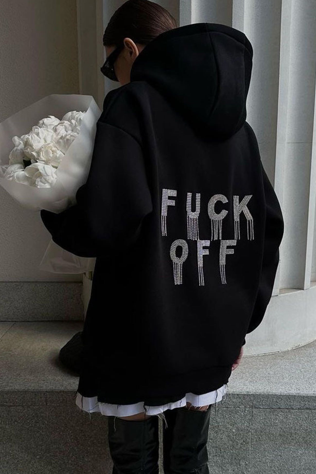 Letter Hot Drilling Fringed Hoodie