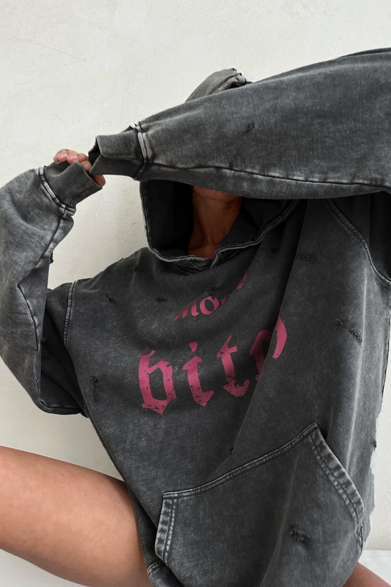 Letter Print Distressed Hoodie