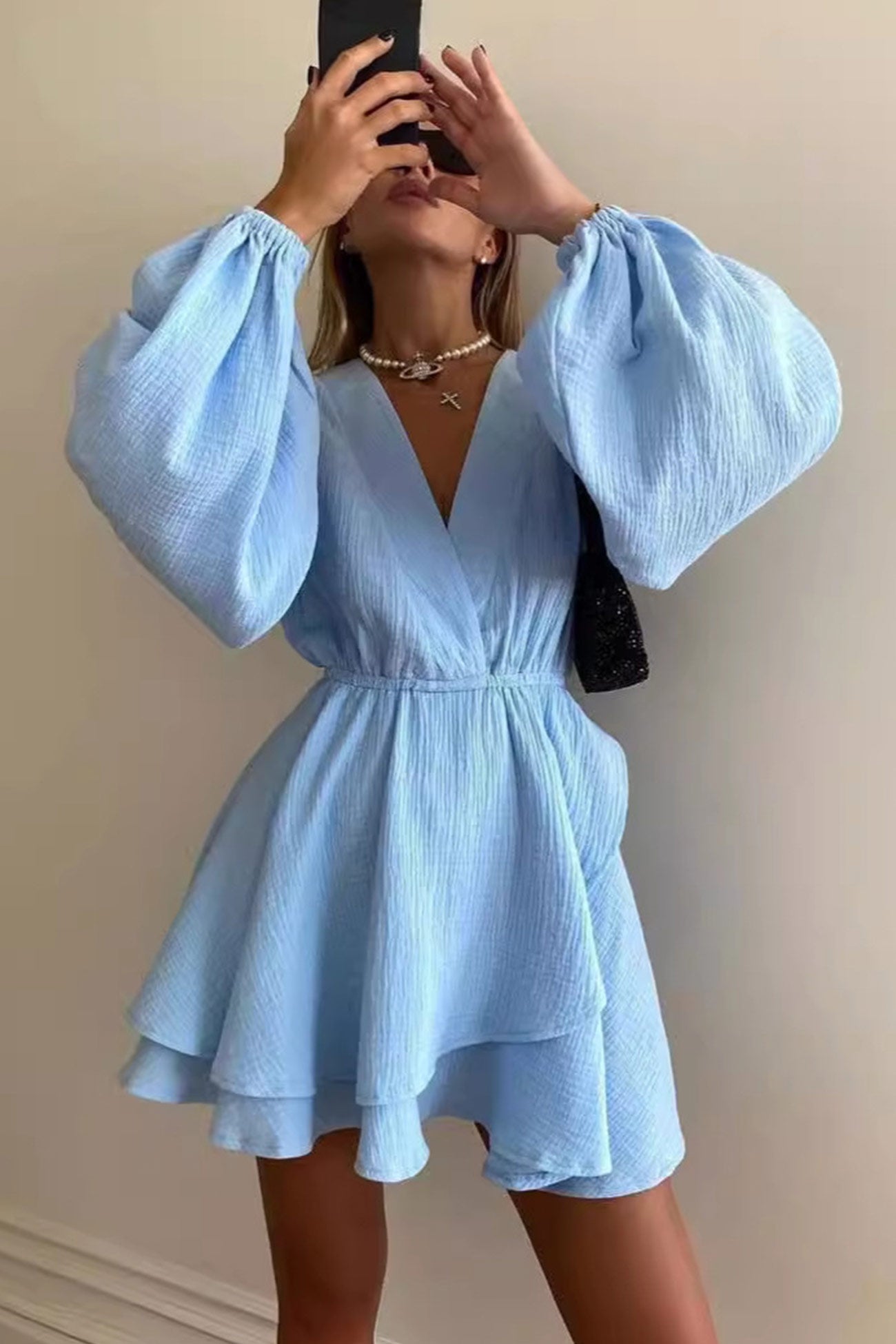 Long Puff Sleeve Waisted Mini Dress