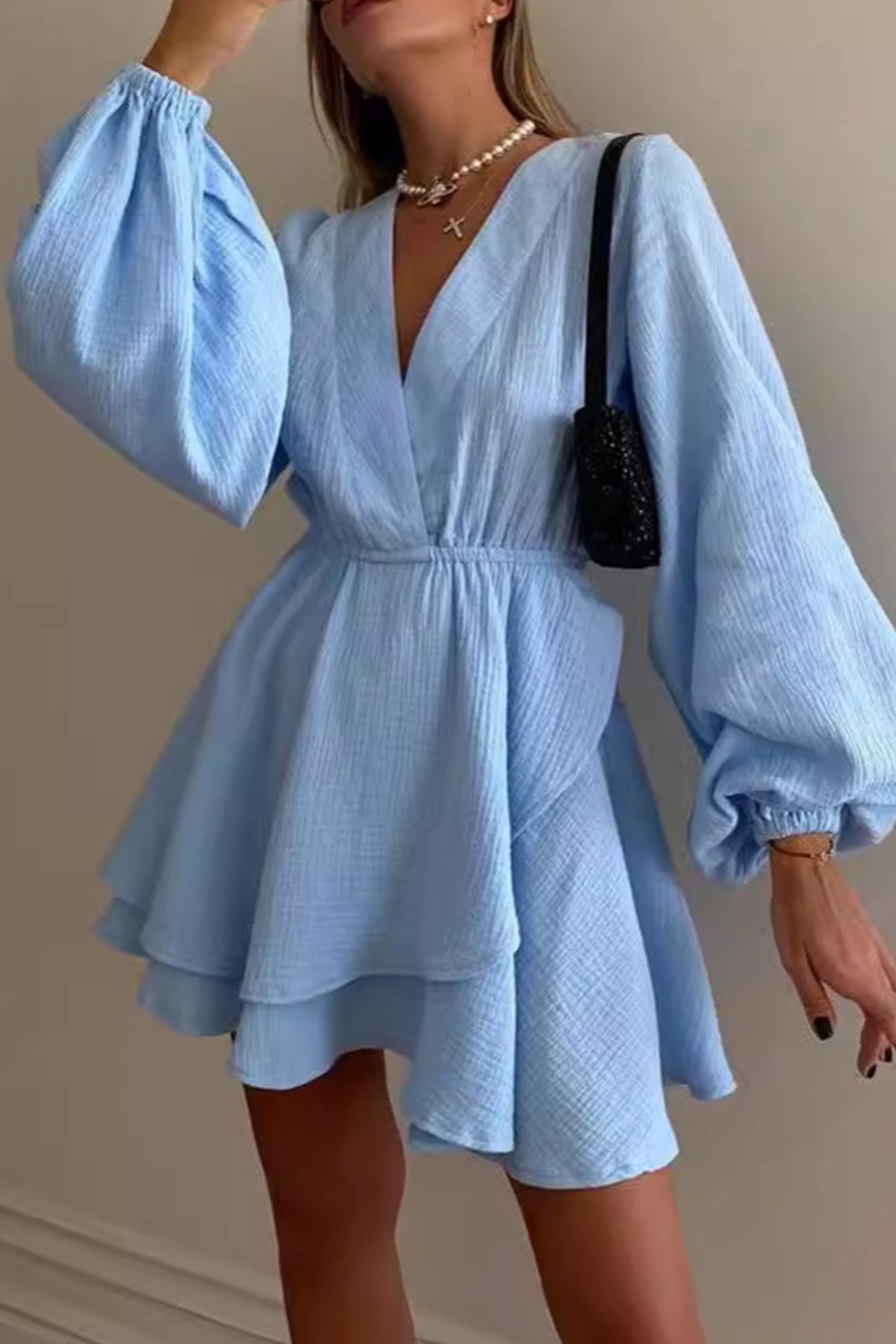 Long Puff Sleeve Waisted Mini Dress