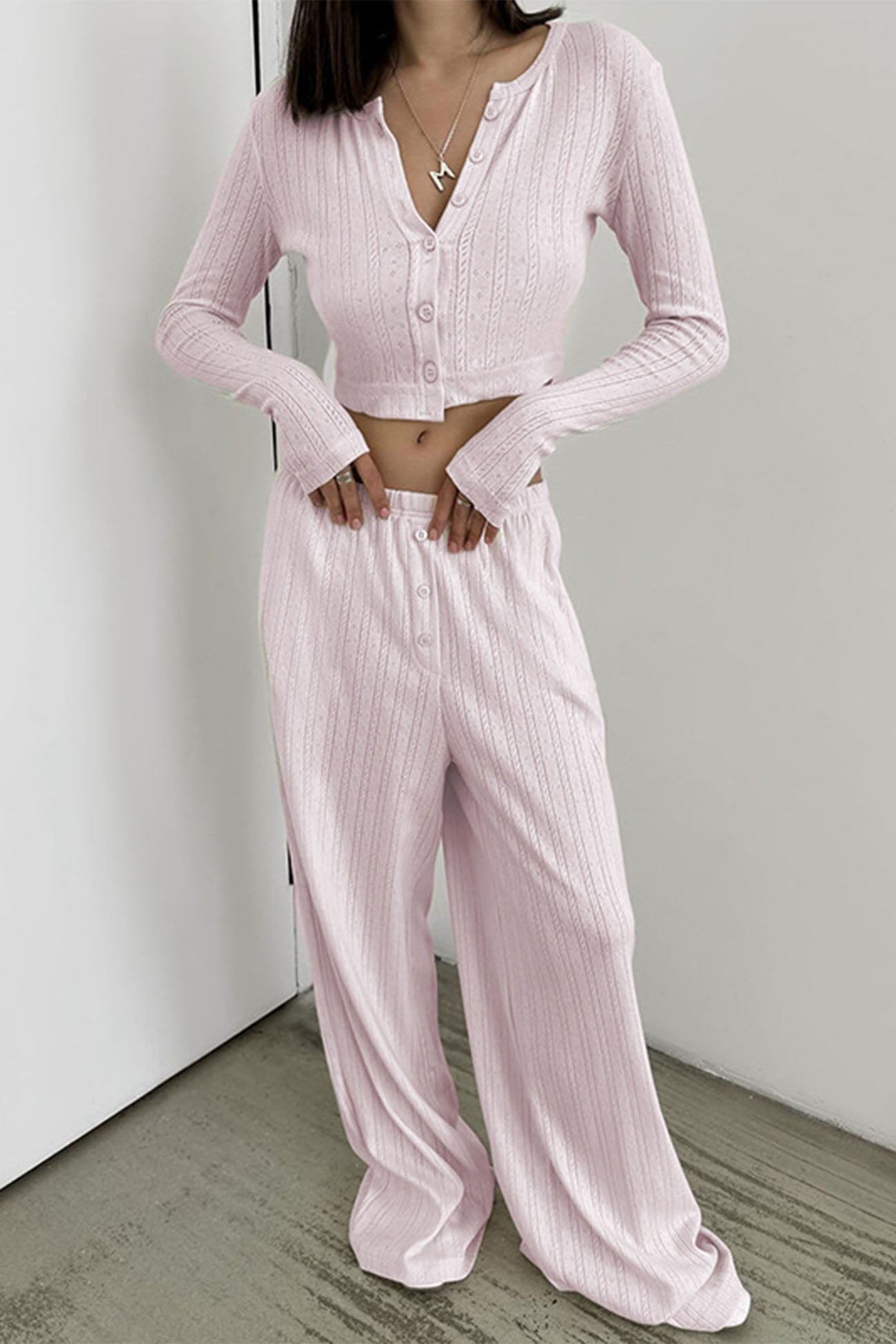 Long Sleeve Single Breasted Crop Tops Long Pant Set