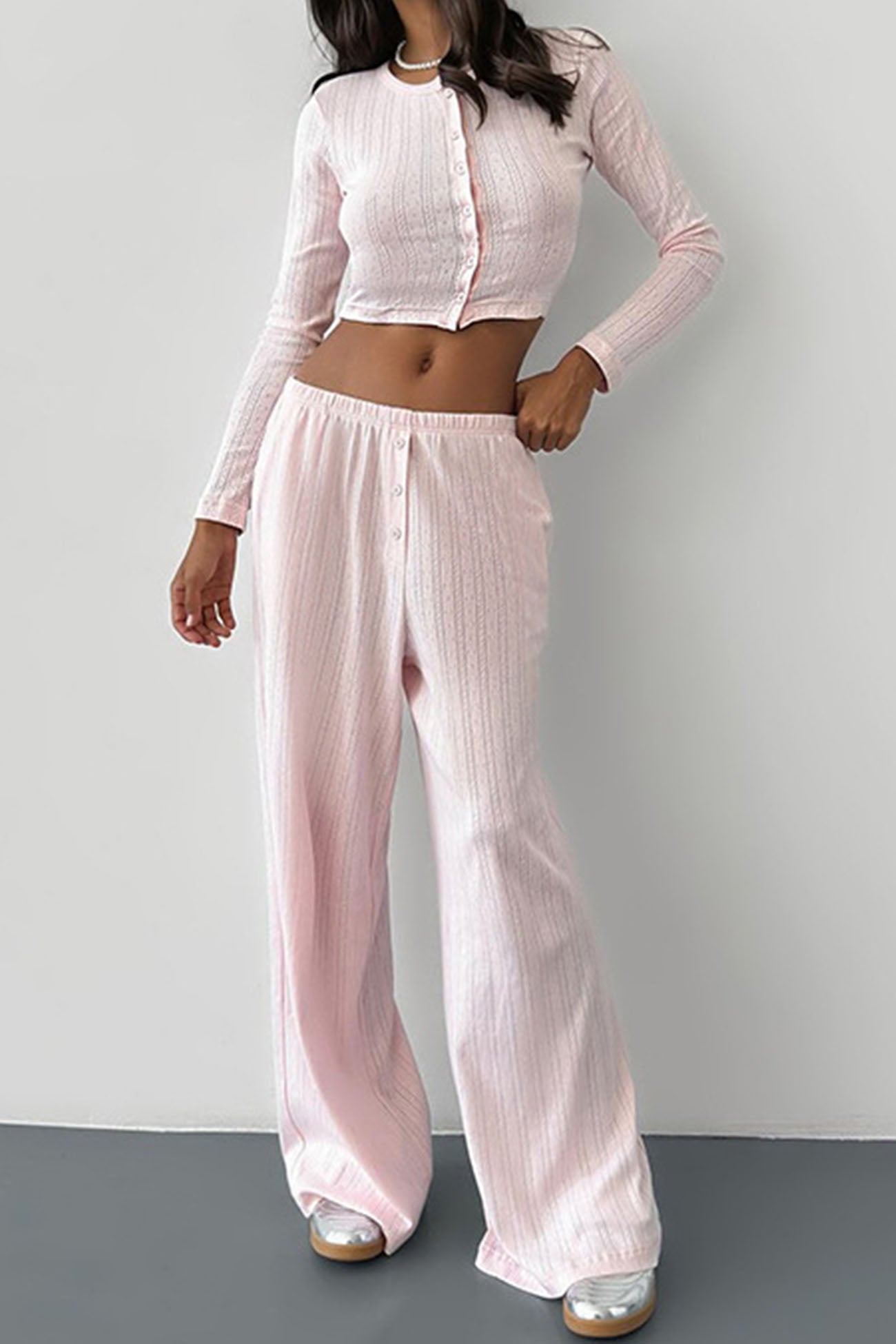 Long Sleeve Single Breasted Crop Tops Long Pant Set