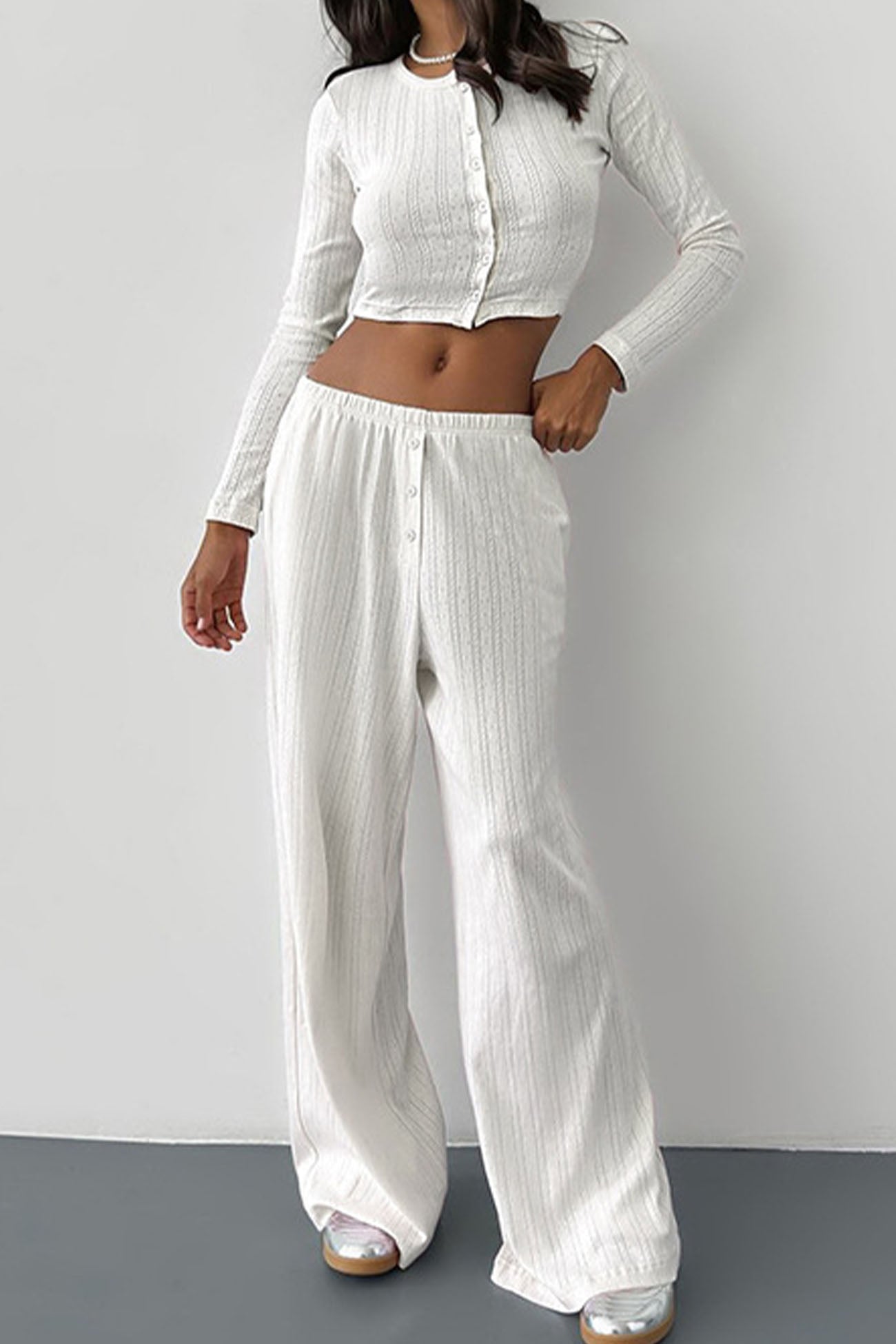 Long Sleeve Single Breasted Crop Tops Long Pant Set