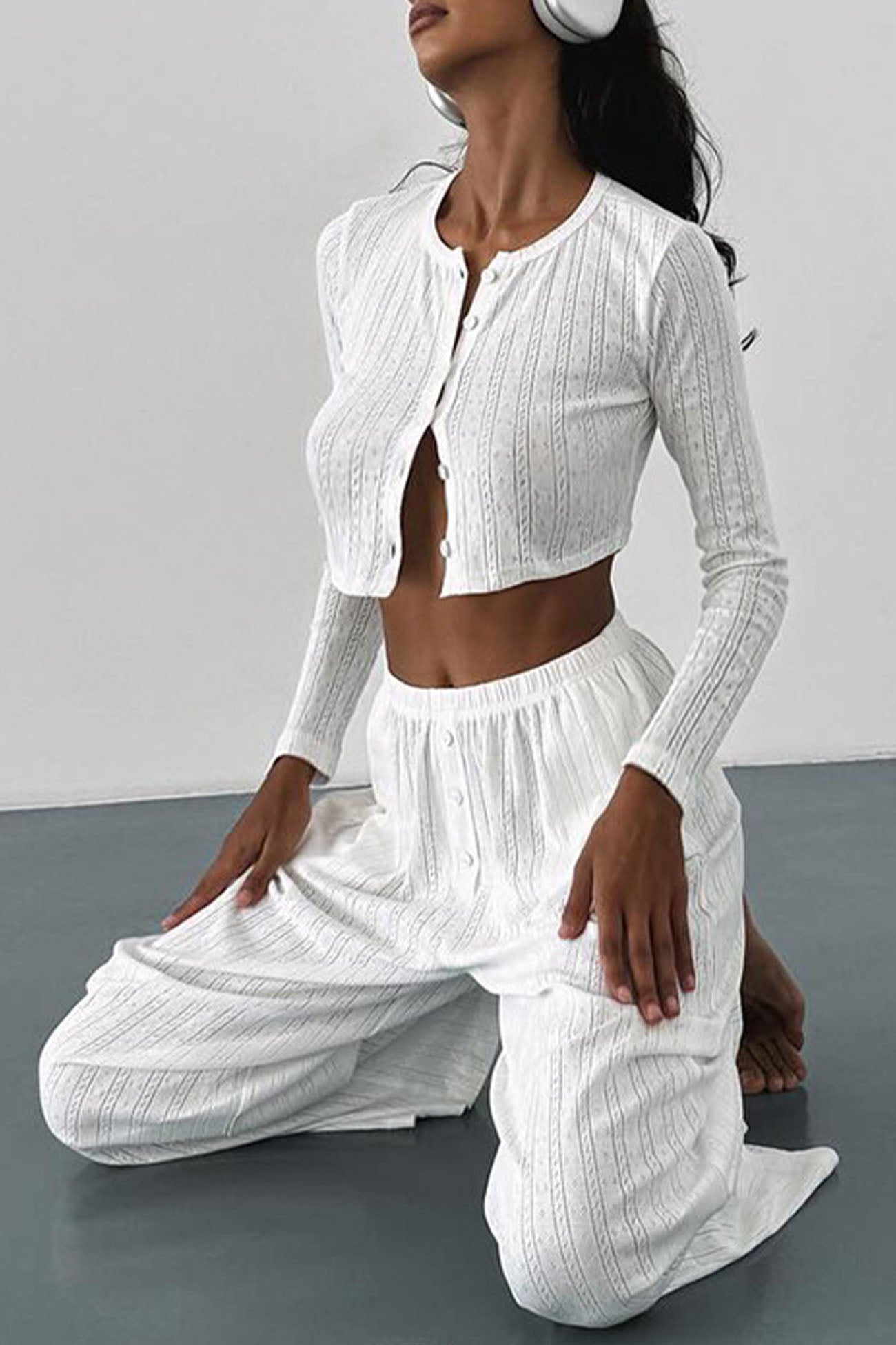 Long Sleeve Single Breasted Crop Tops Long Pant Set