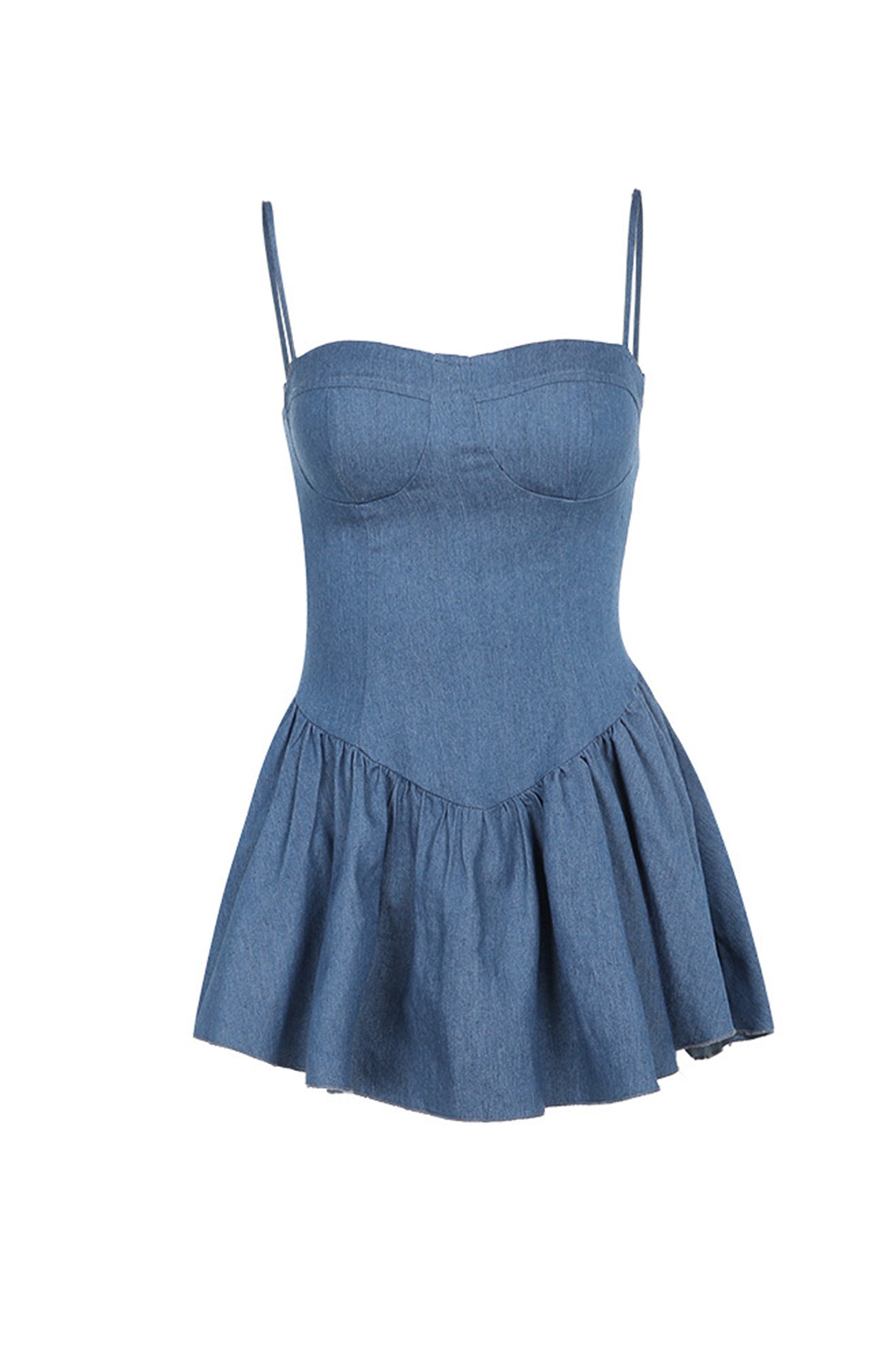 Low Cut Faux Denim Ruched Cami Dress