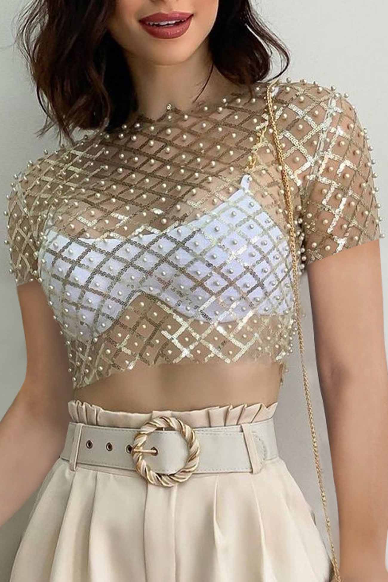 Mesh Beaded Sequin Short Sleeve Tops