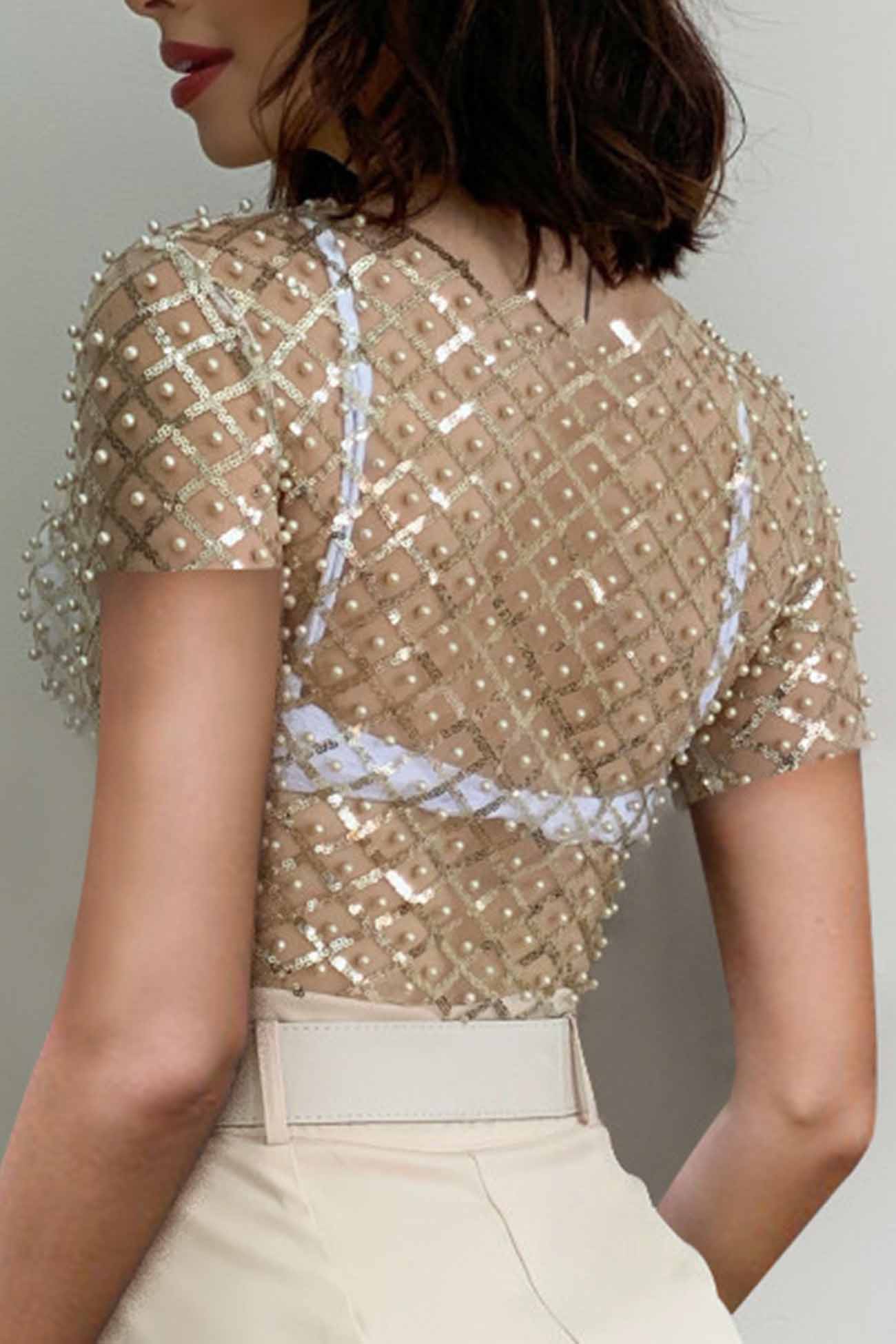 Mesh Beaded Sequin Short Sleeve Tops