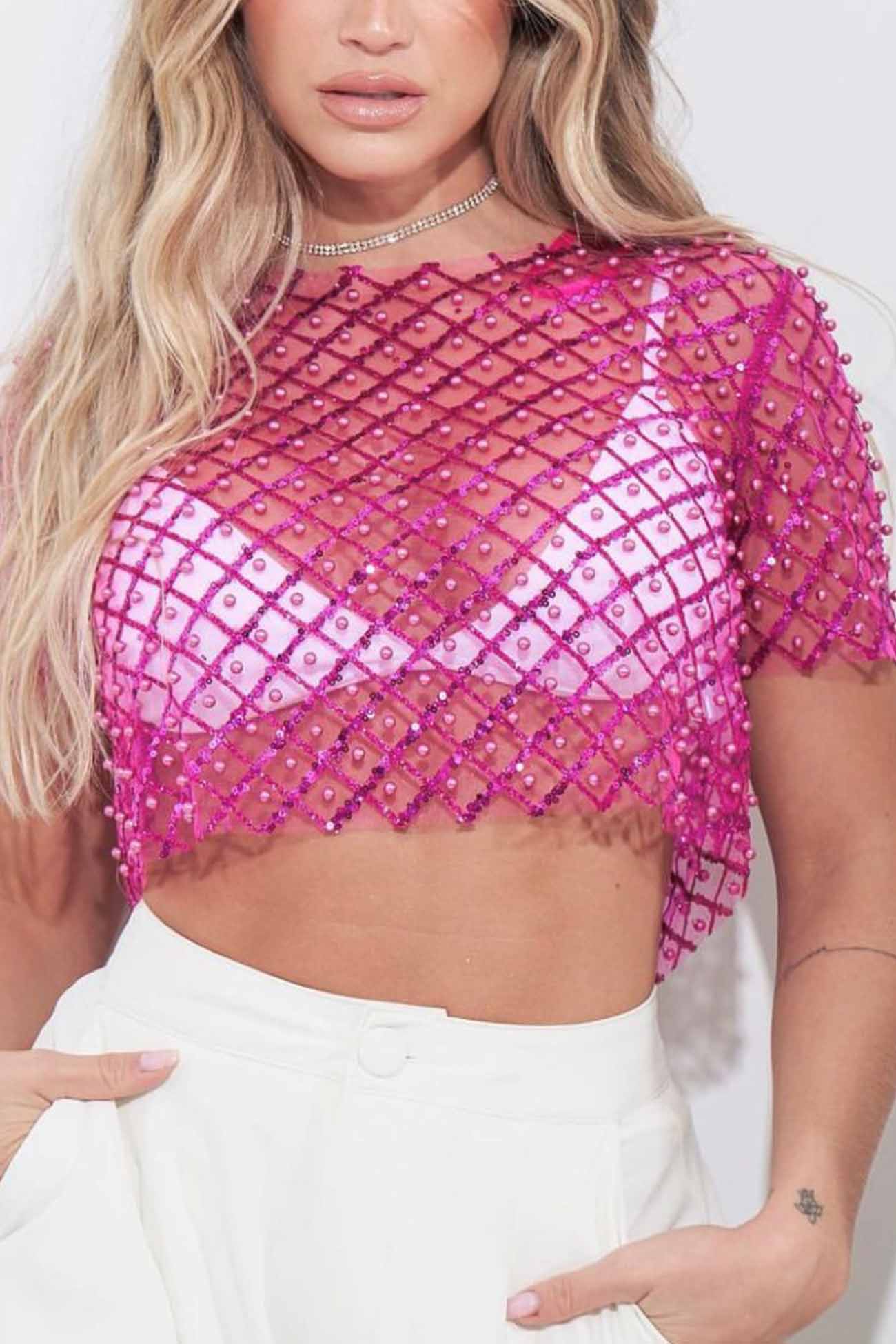 Mesh Beaded Sequin Short Sleeve Tops