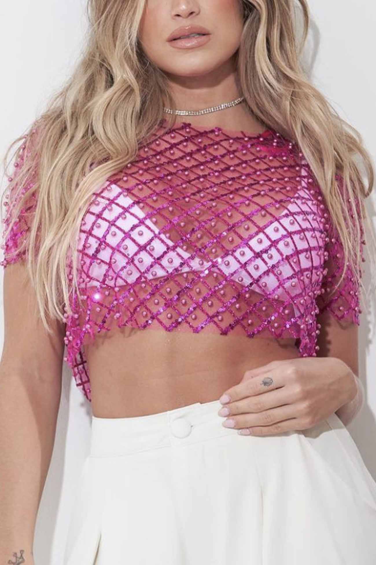 Mesh Beaded Sequin Short Sleeve Tops