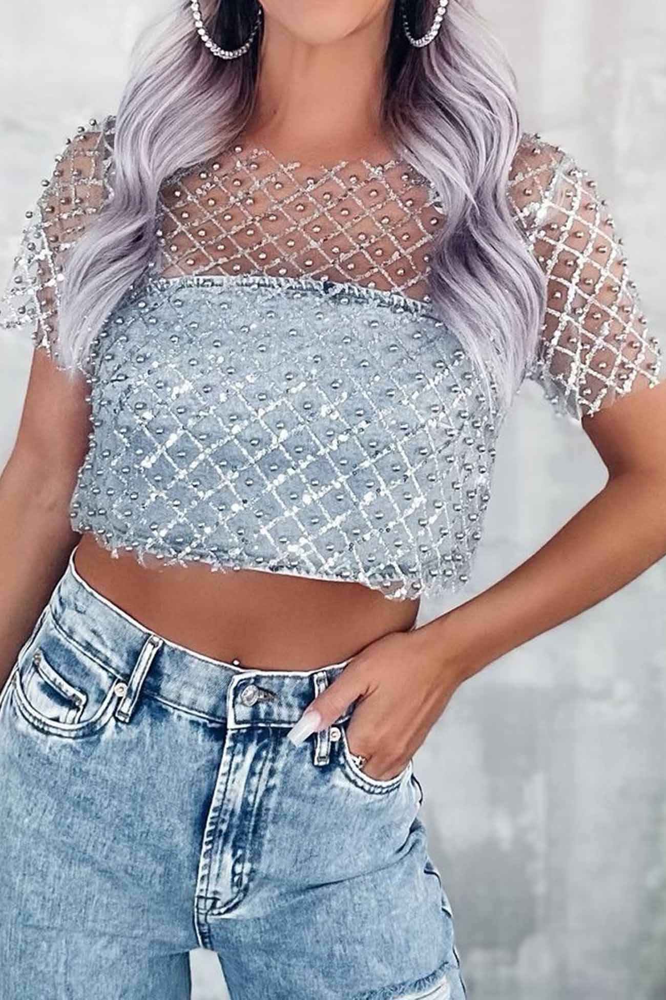 Mesh Beaded Sequin Short Sleeve Tops