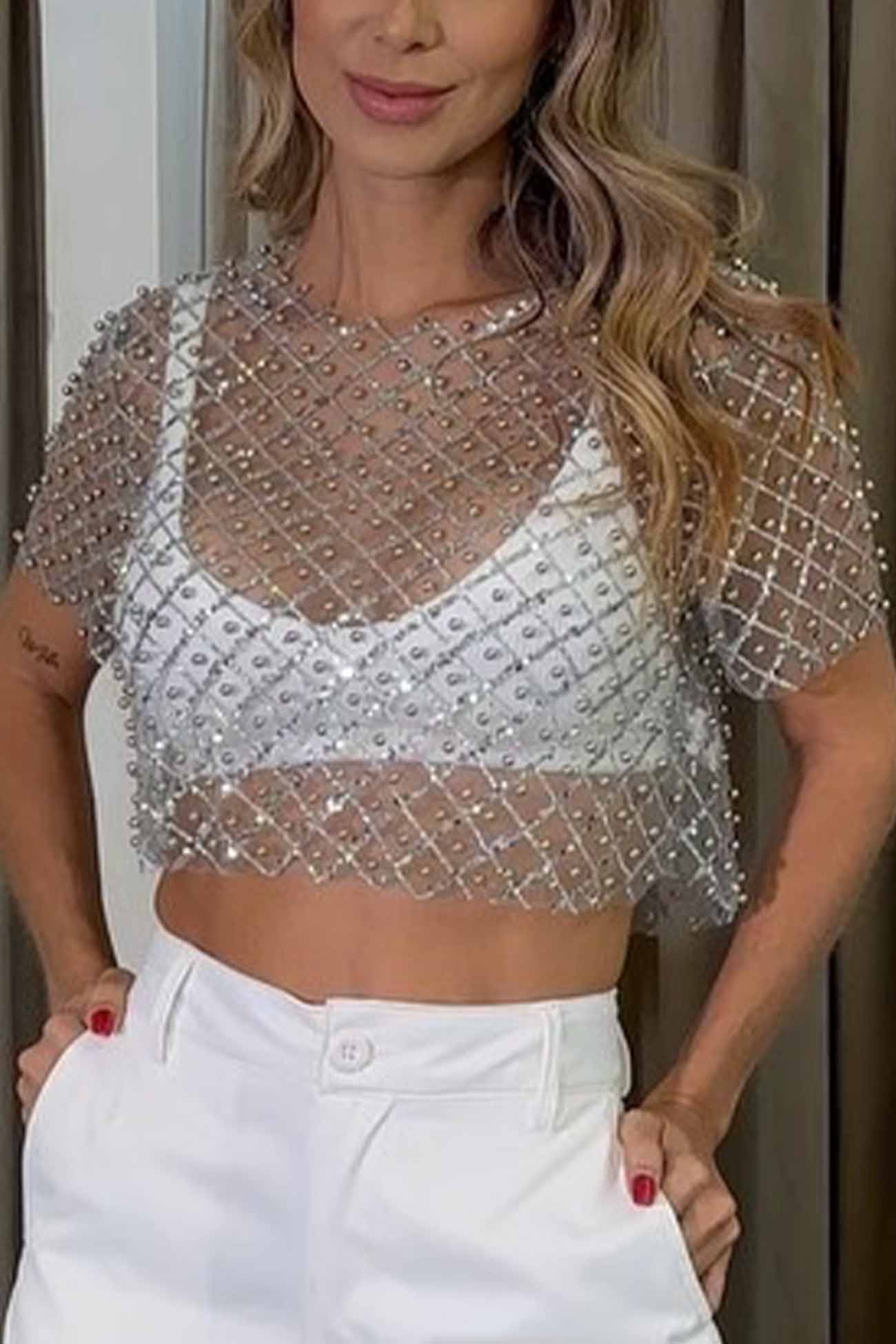 Mesh Beaded Sequin Short Sleeve Tops