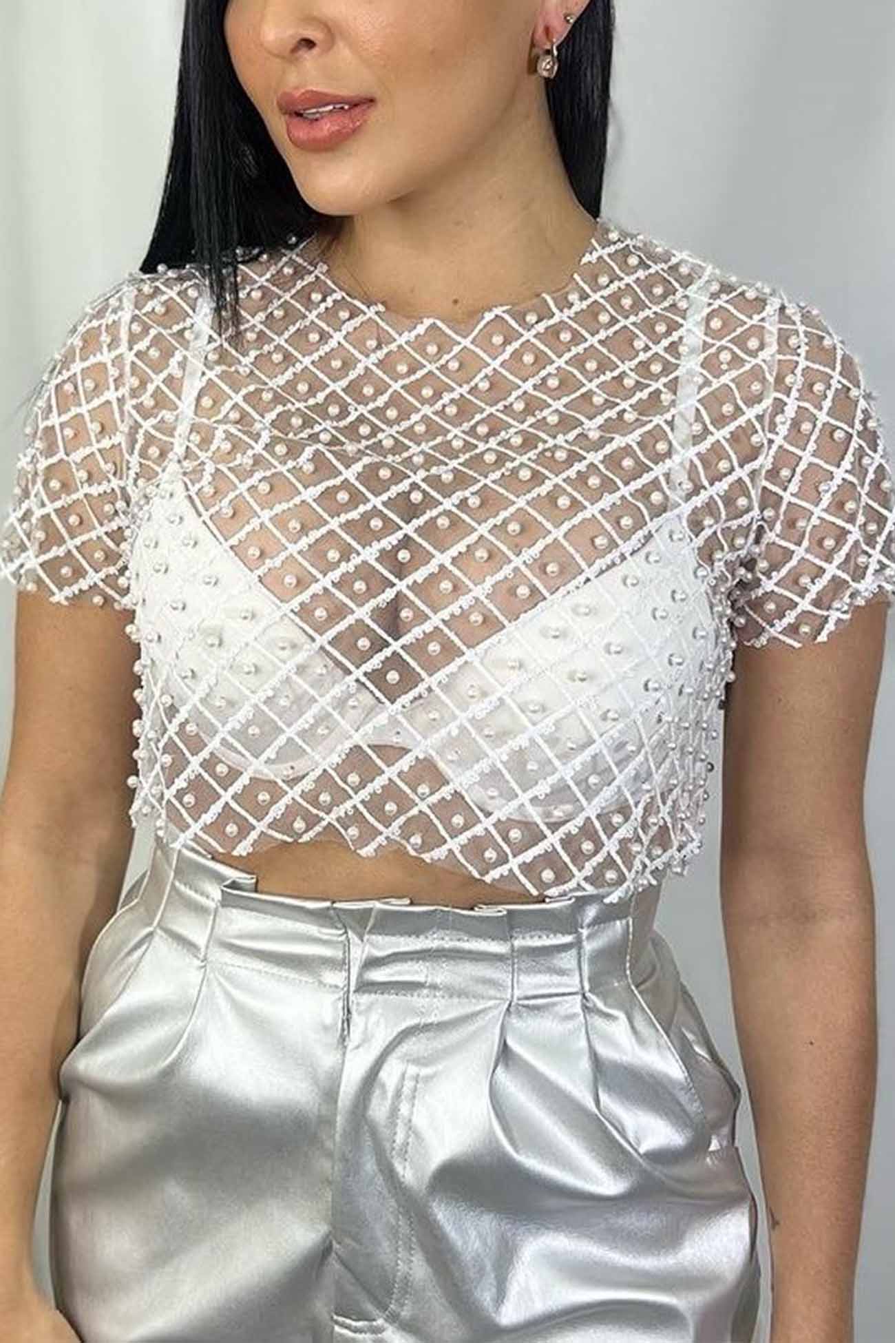 Mesh Beaded Sequin Short Sleeve Tops