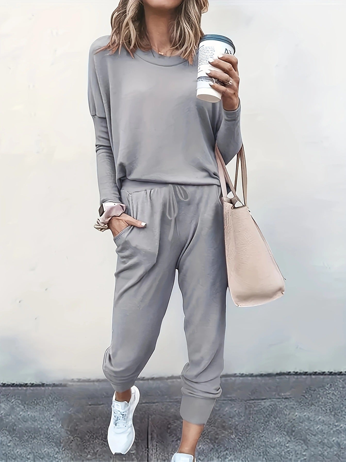 New round neck long sleeve harem pants two piece suit