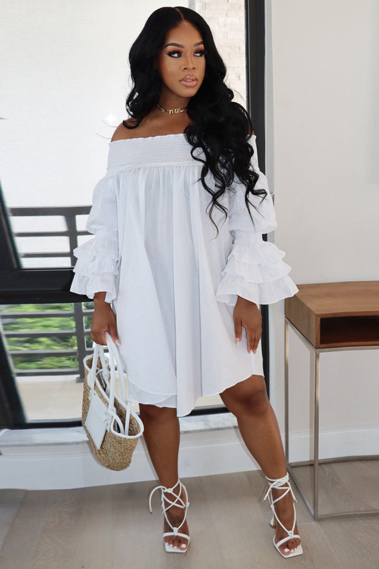 Off Shoulder Tiered Puff Sleeve Loose Dress