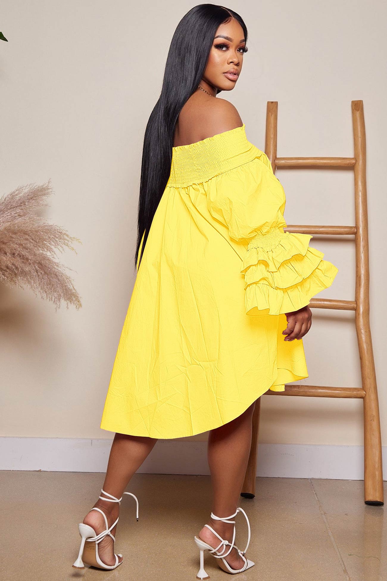 Off Shoulder Tiered Puff Sleeve Loose Dress