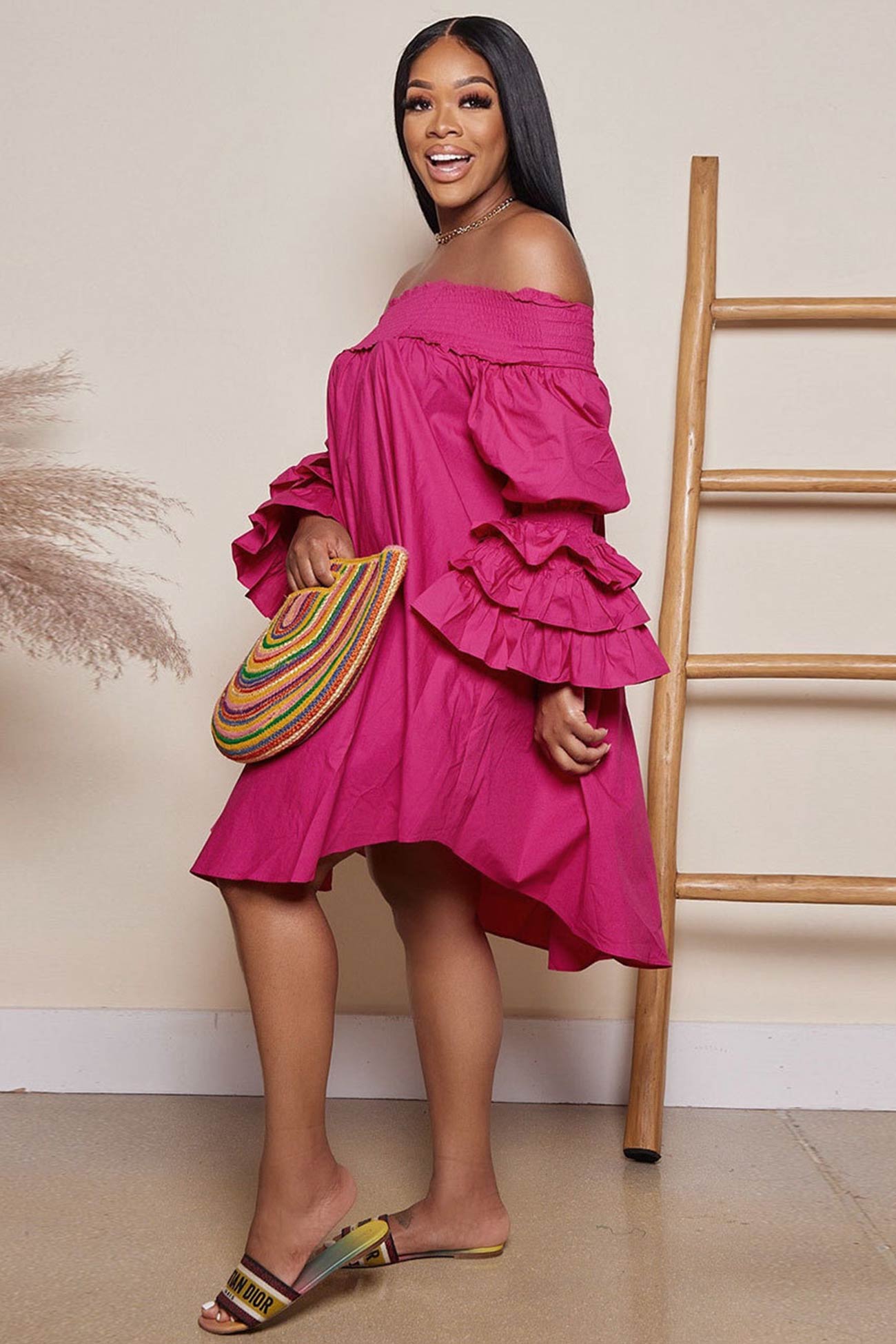 Off Shoulder Tiered Puff Sleeve Loose Dress