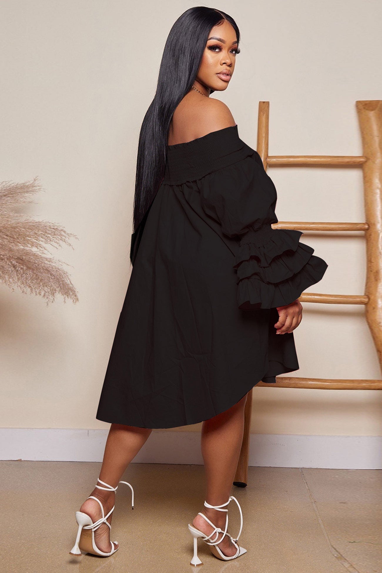 Off Shoulder Tiered Puff Sleeve Loose Dress