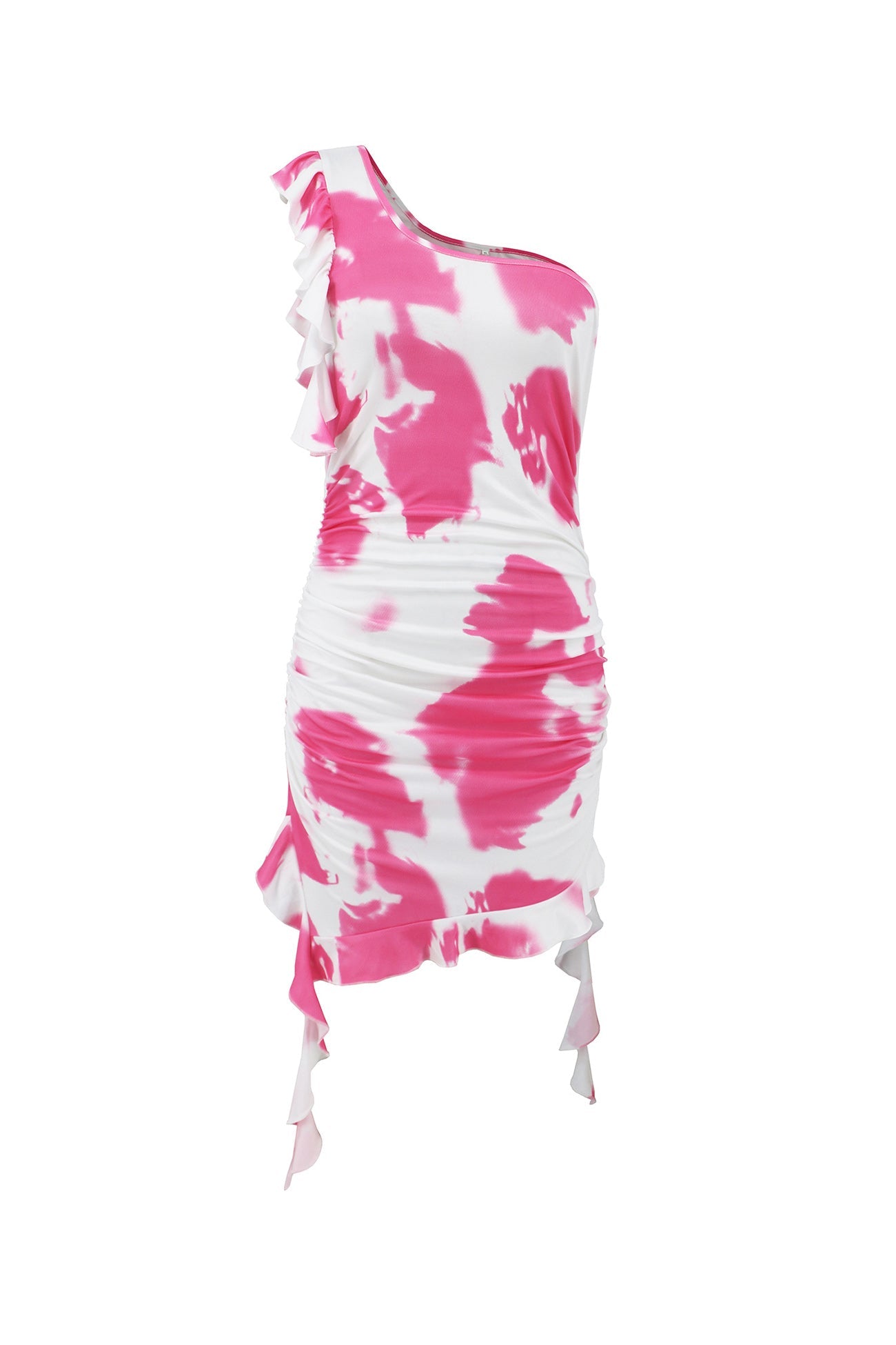 One Shoulder Tie Dyed Ruffle Mini Dress