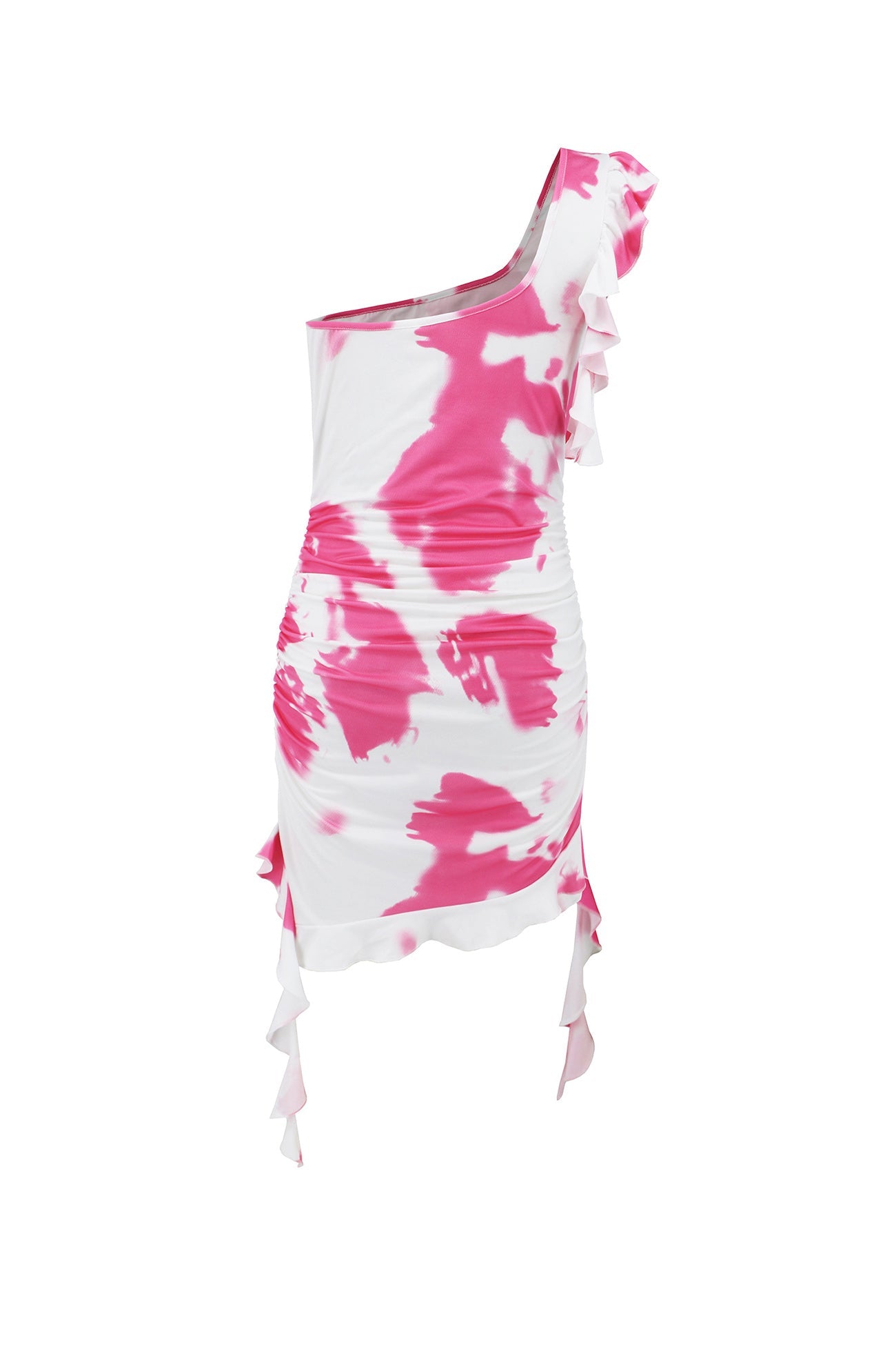 One Shoulder Tie Dyed Ruffle Mini Dress