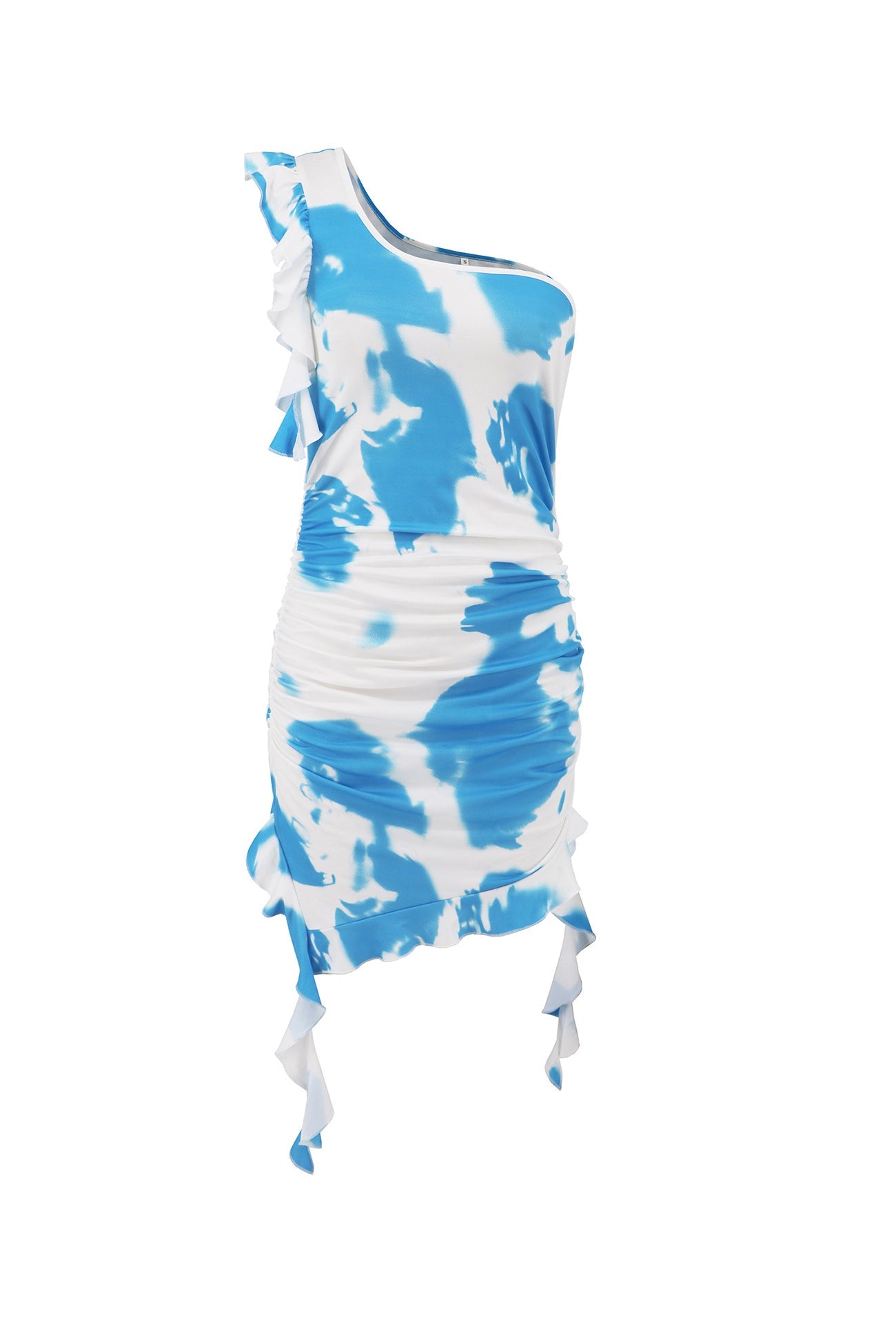 One Shoulder Tie Dyed Ruffle Mini Dress