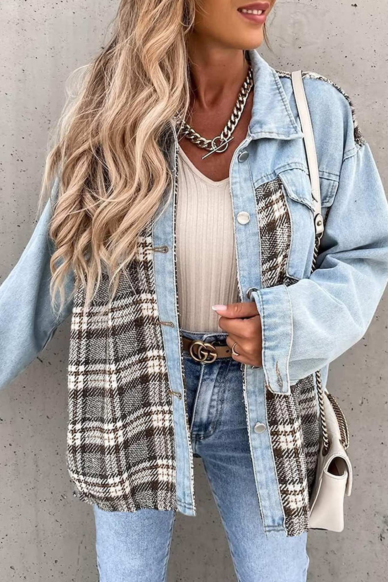 Plaid Patchwork Denim Jacket