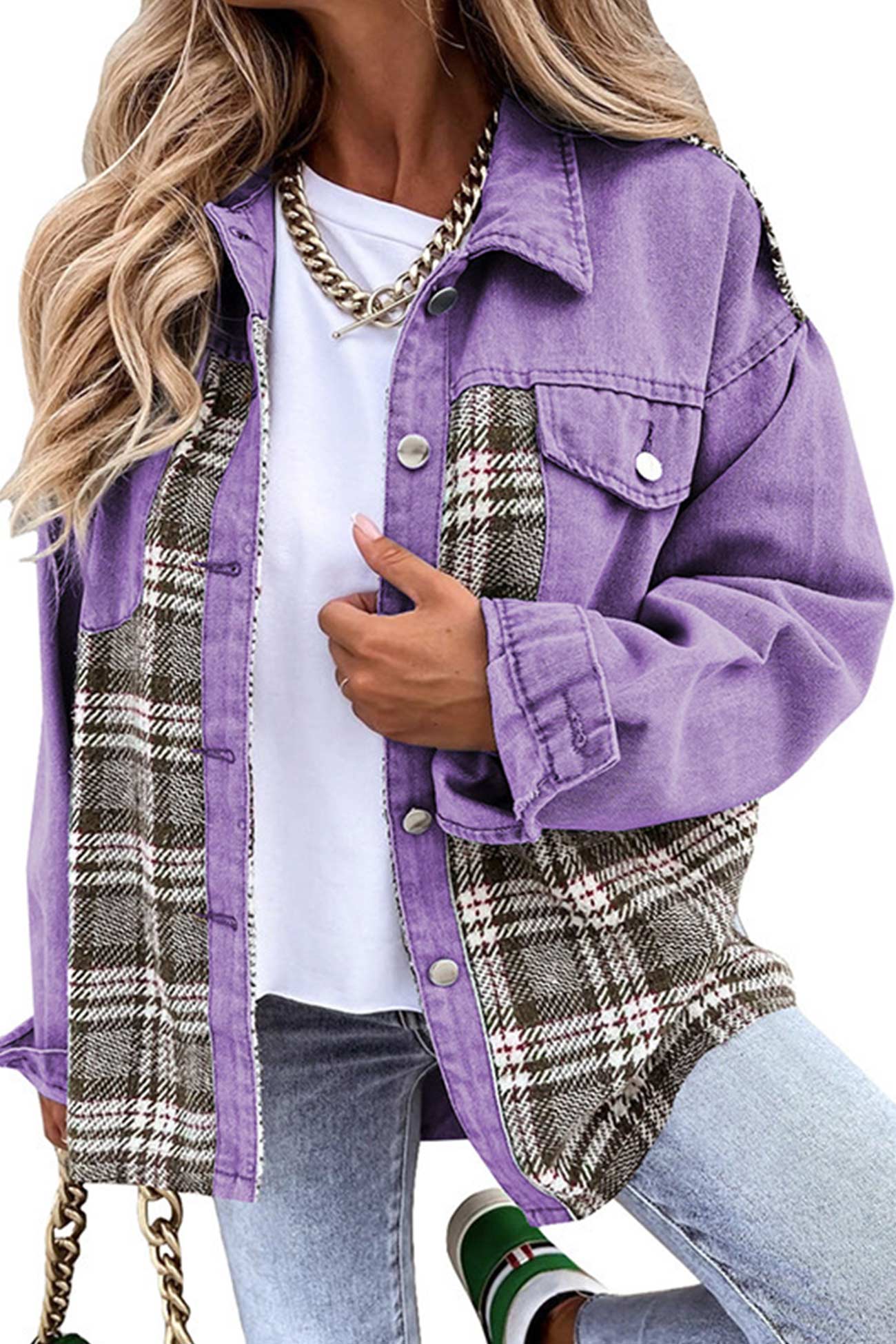 Plaid Patchwork Denim Jacket