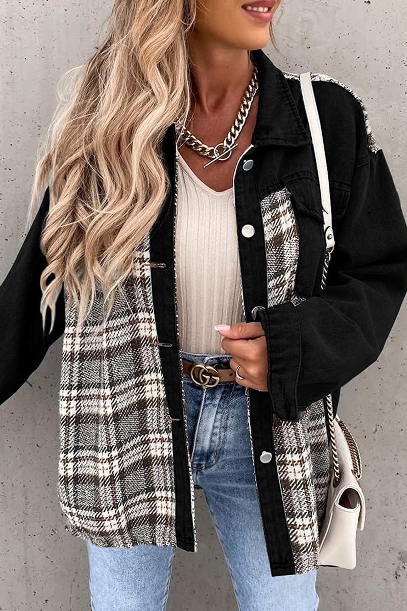 Plaid Patchwork Denim Jacket