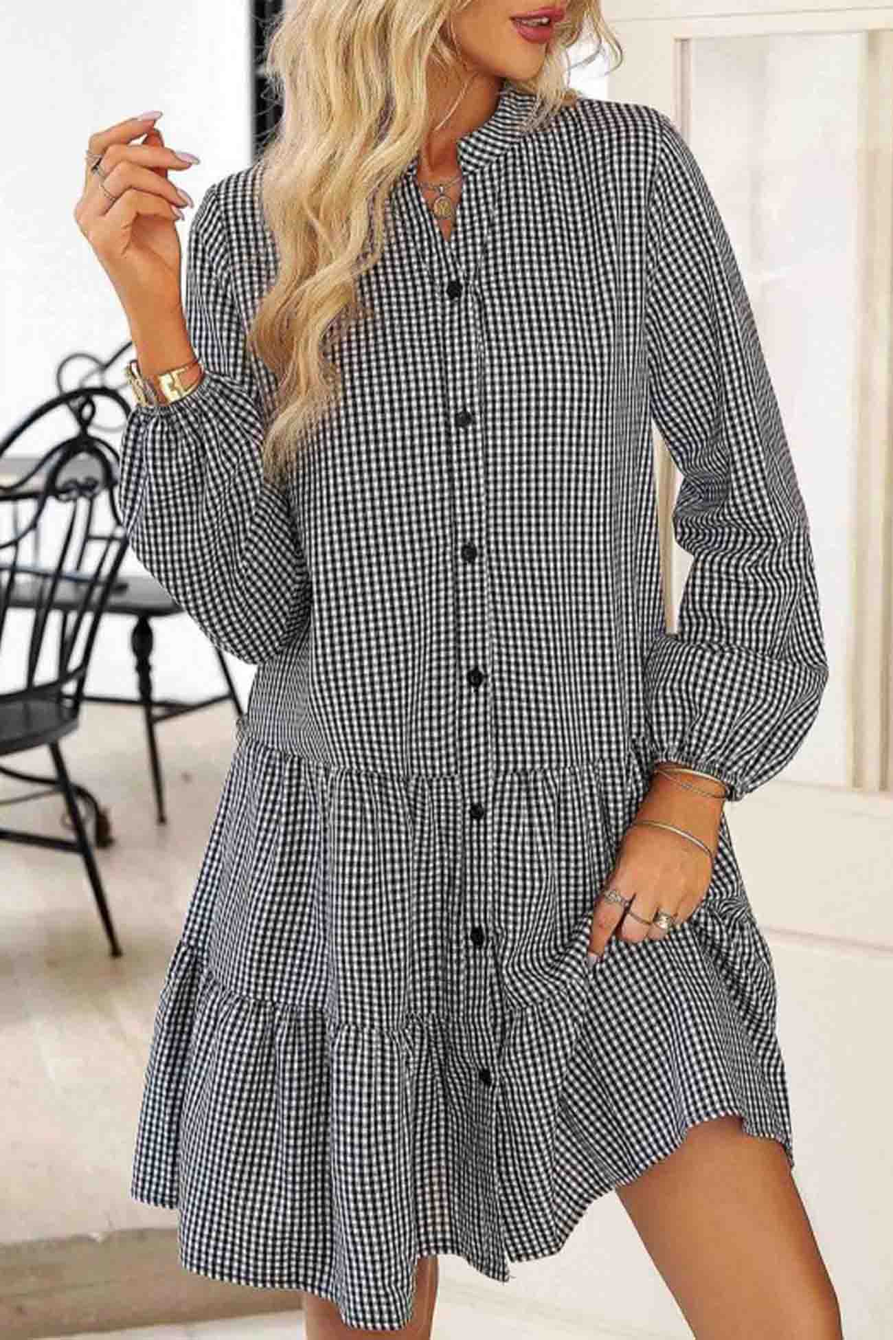 Plaid Button A-line Tiered Dress