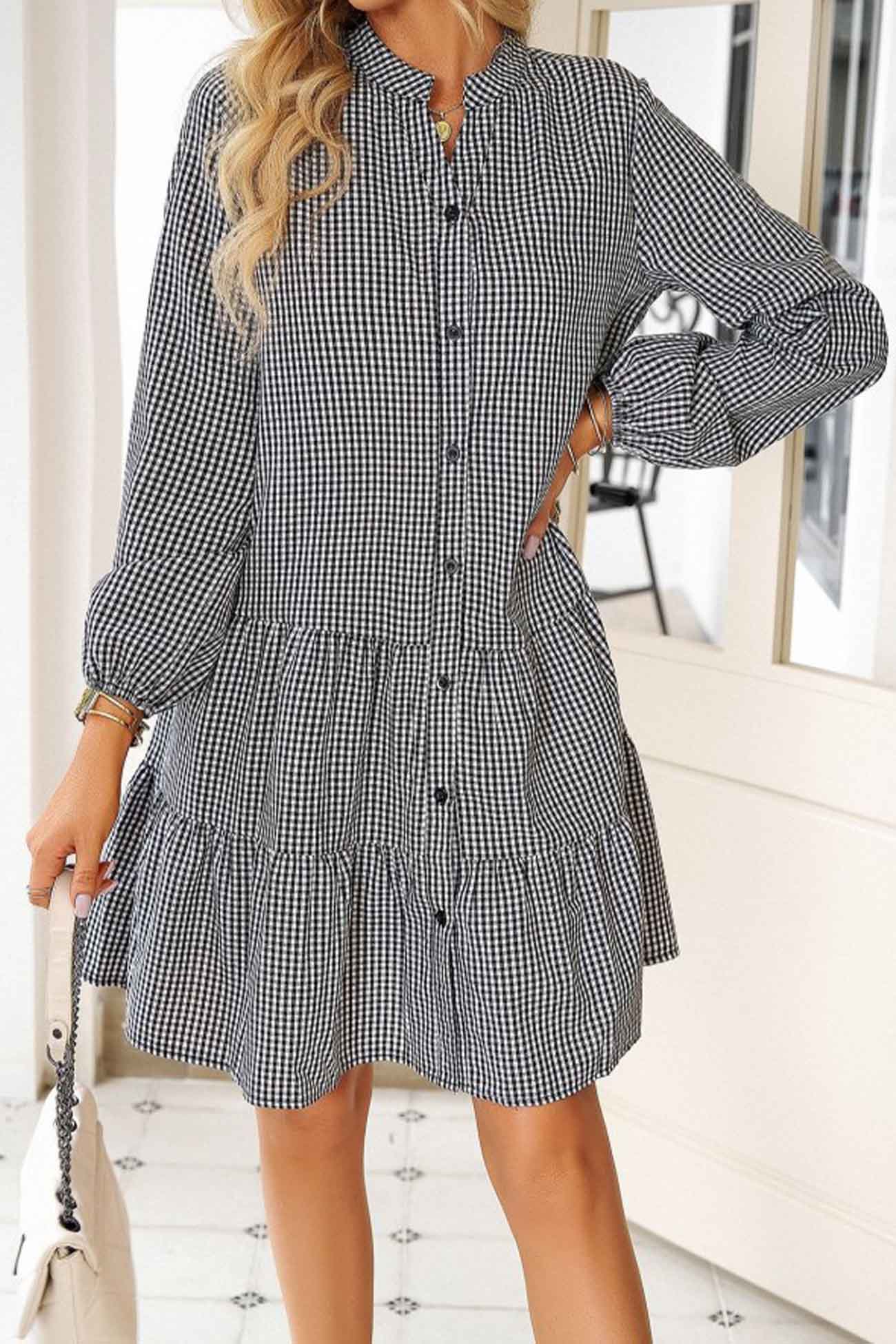 Plaid Button A-line Tiered Dress